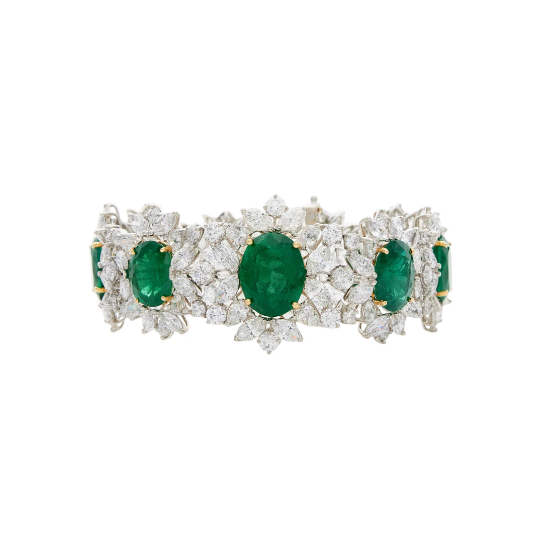 Platinum, Gold, 44.94ctw Zambian Emerald and Diamond Bracelet