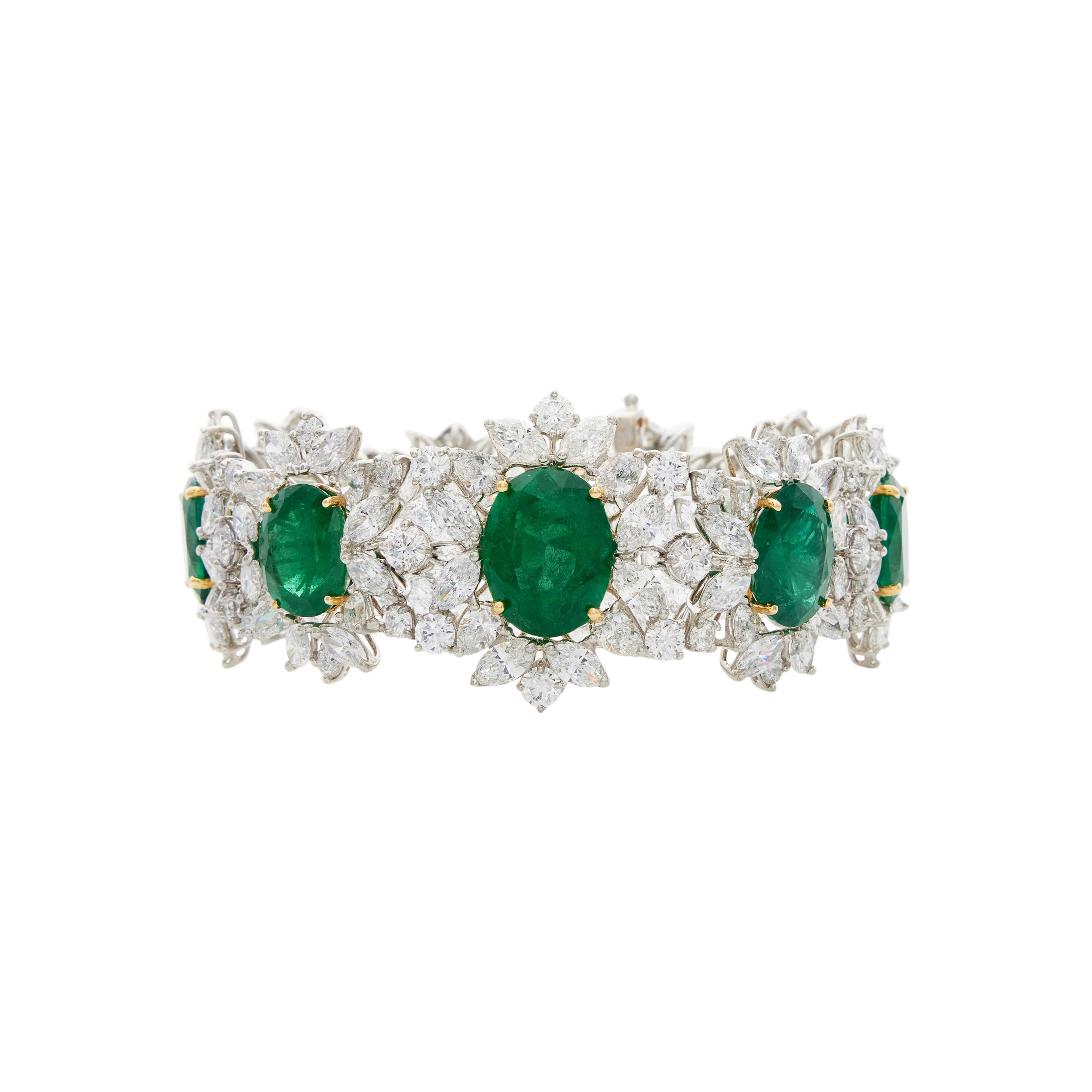 Platinum, Gold, 44.94ctw Zambian Emerald and Diamond Bracelet