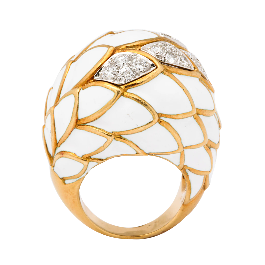 Gold, Diamond and White Enamel Ring