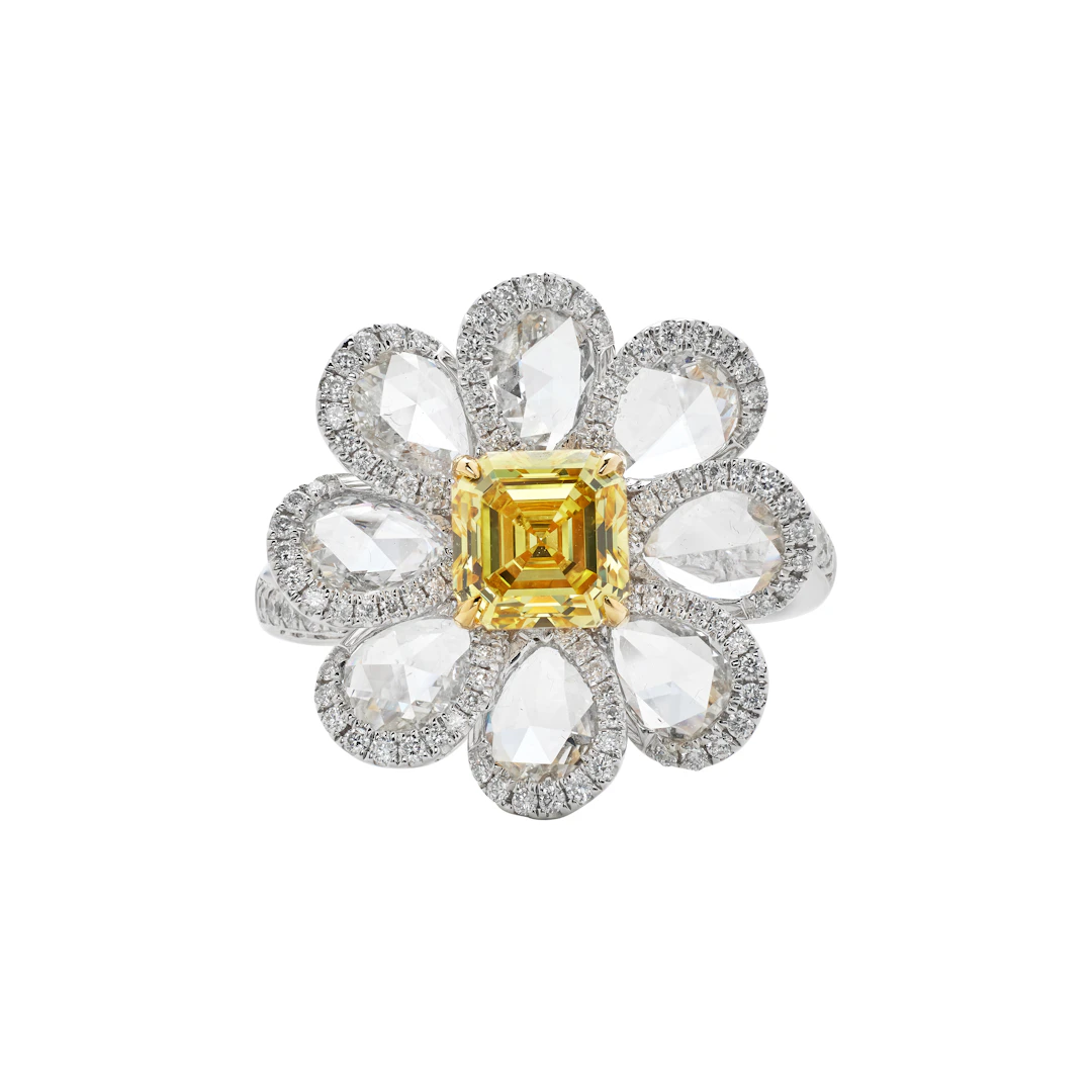 White Gold, 1.04ct Emerald Cut Fancy Vivid Yellow Diamond and Diamond