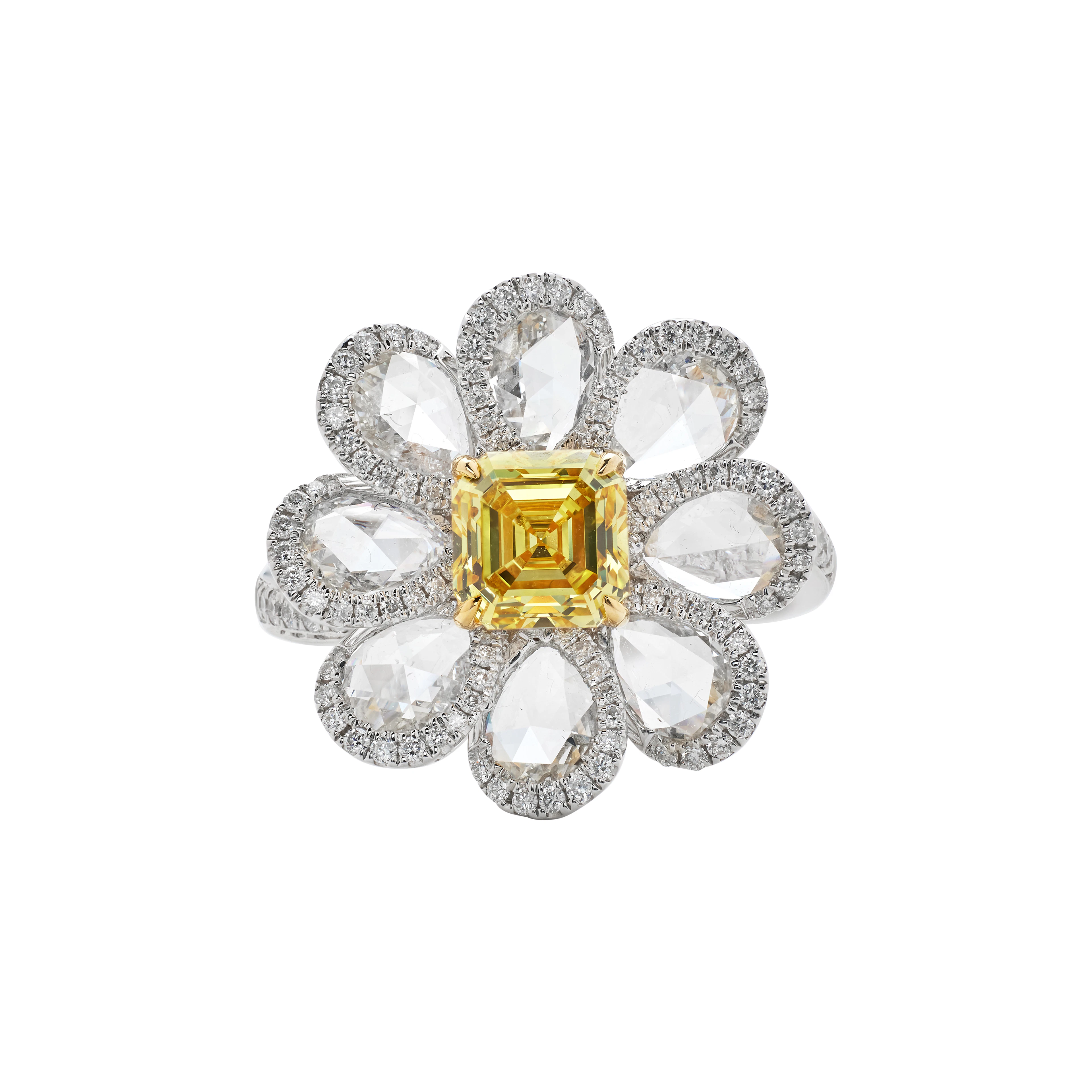 White Gold, 1.04ct Emerald Cut Fancy Vivid Yellow Diamond and Diamond