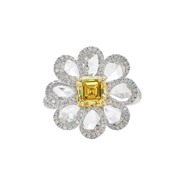 White Gold, 1.04ct Emerald Cut Fancy Vivid Yellow Diamond and Diamond