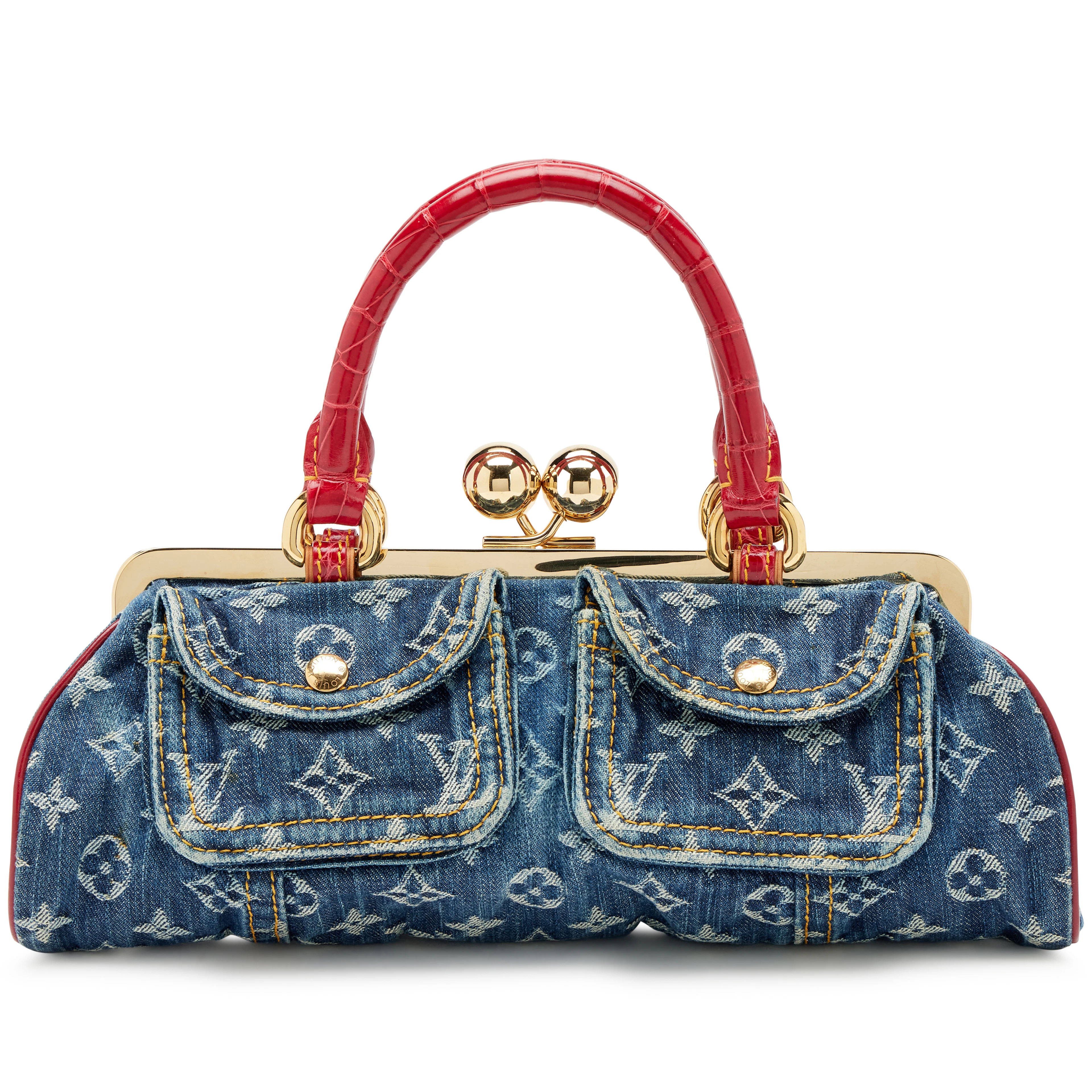 Blue Monogram Denim and Red Alligator Sac Fermoir GM Bag Gold Hardware, 2005