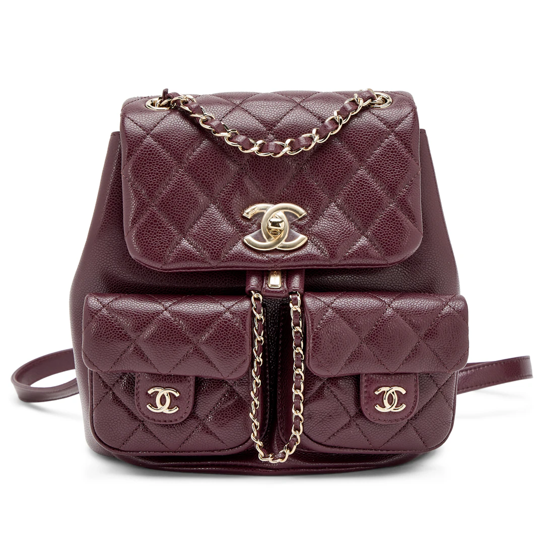 Burgundy Quilted Caviar Medium Duma Pockets Drawstring Backpack Light
