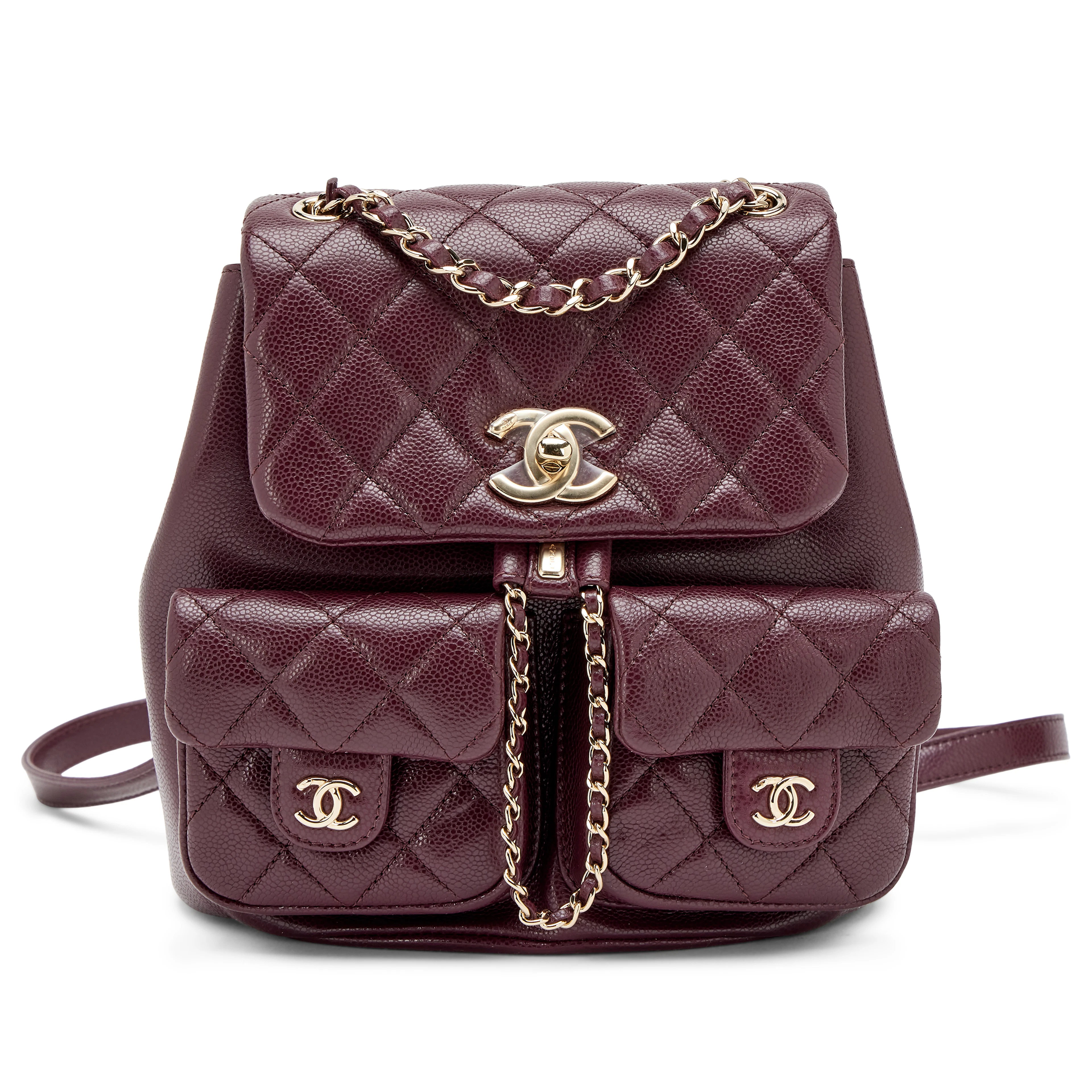 Burgundy Quilted Caviar Medium Duma Pockets Drawstring Backpack Light