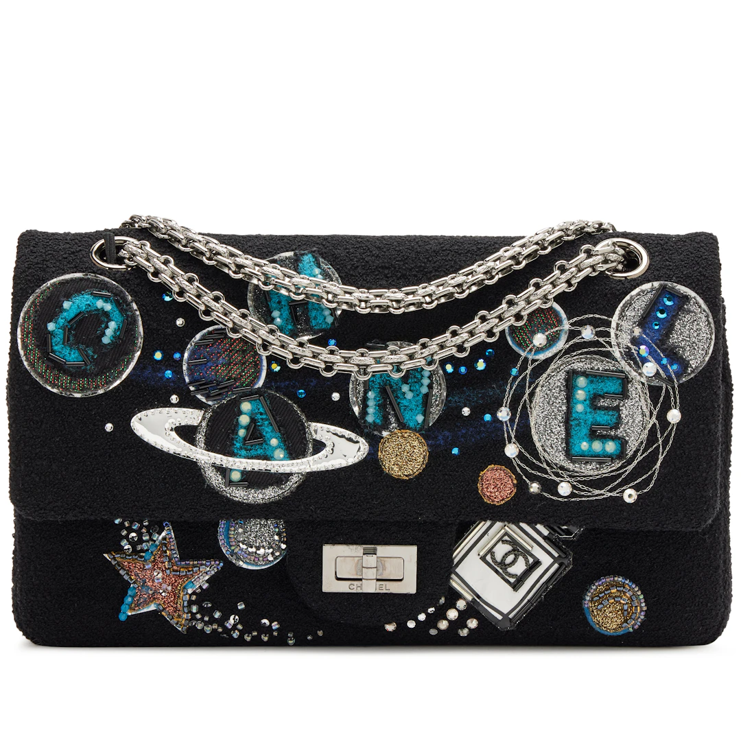 Black Crystal Bead Embellished Boucle Tweed Space Charms 2.55 Reissue
