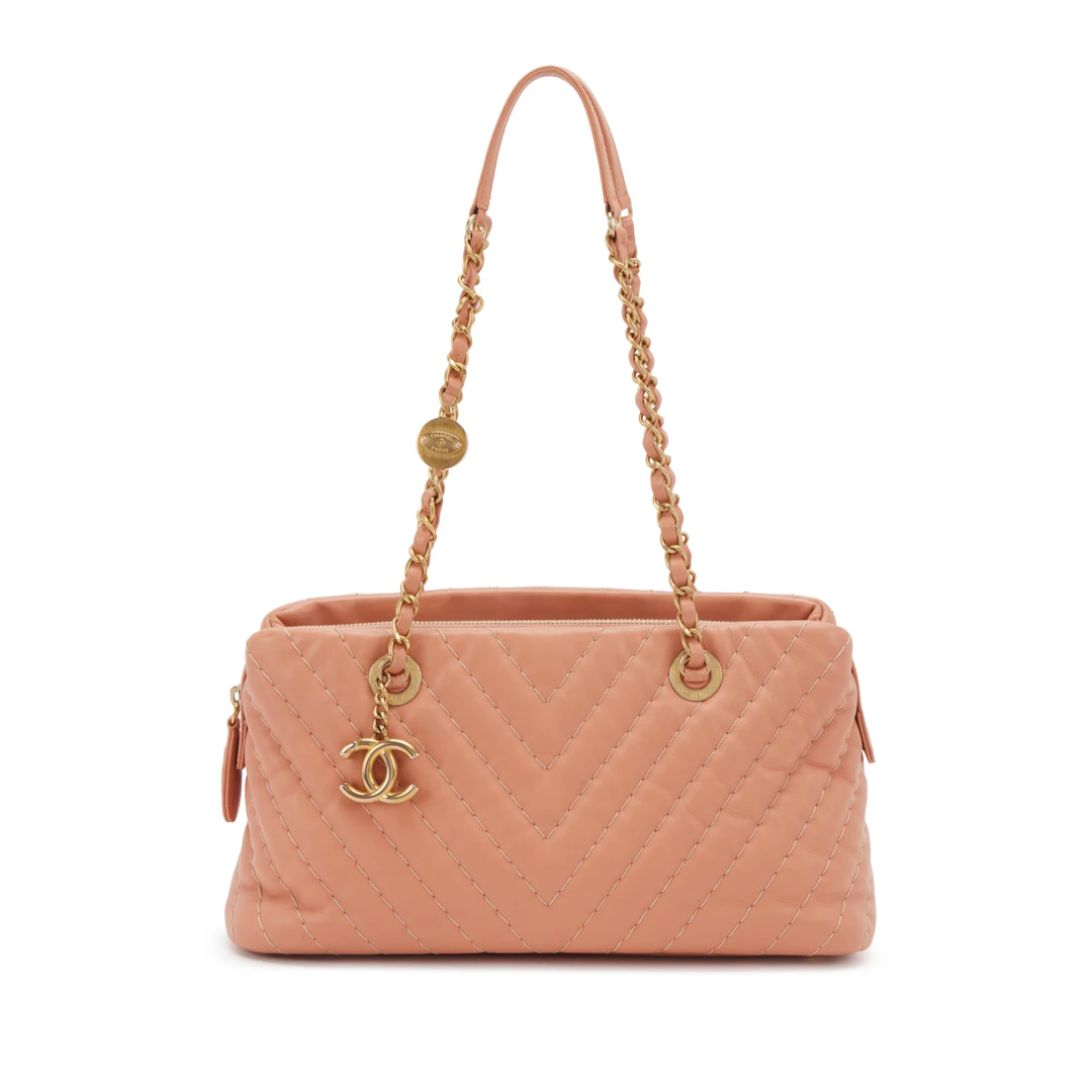 Peach Chevron Quilted Calfskin Medallion Charm Tote Gold Hardware, 2012