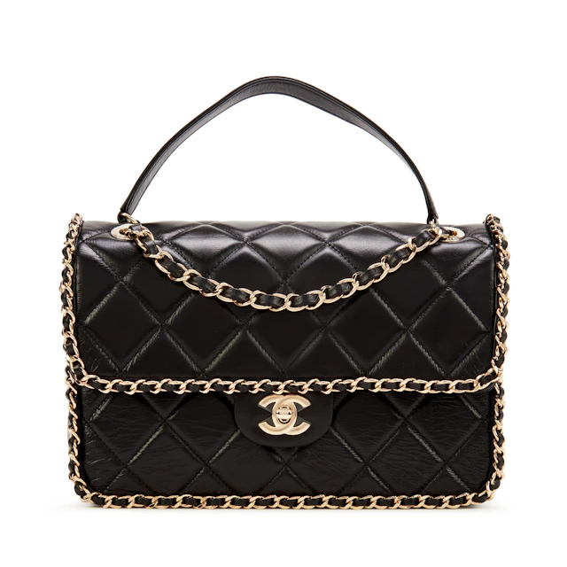 Black Quilted Aged Calfskin Medium Chain Around Single Flap Gold Hardware, 2020
