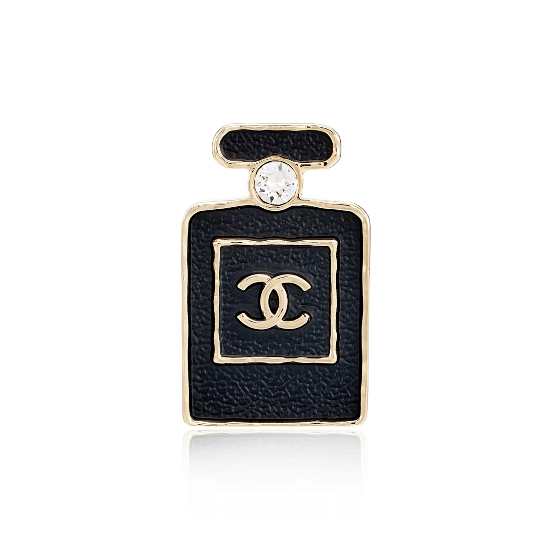 Crystal, Black Leather and Pale Gold Metal CC Perfume Bottle Brooch