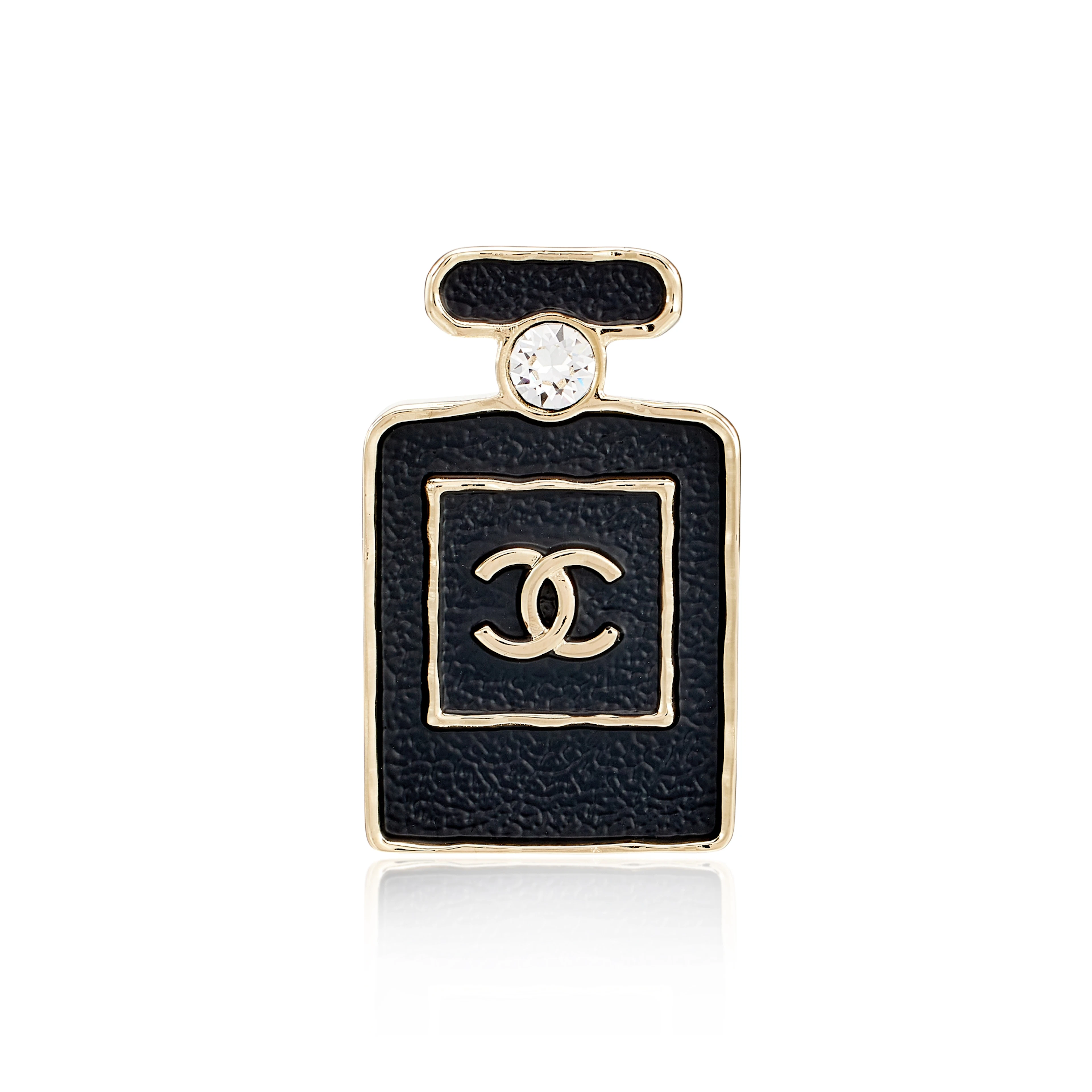 Crystal, Black Leather and Pale Gold Metal CC Perfume Bottle Brooch