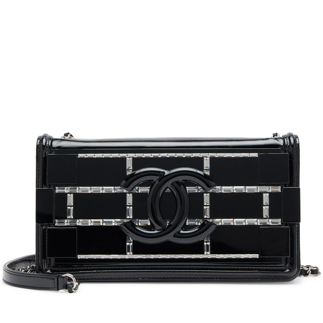 Black Plexiglass Crystal Lego Brick Patent Leather Flap Bag Silver