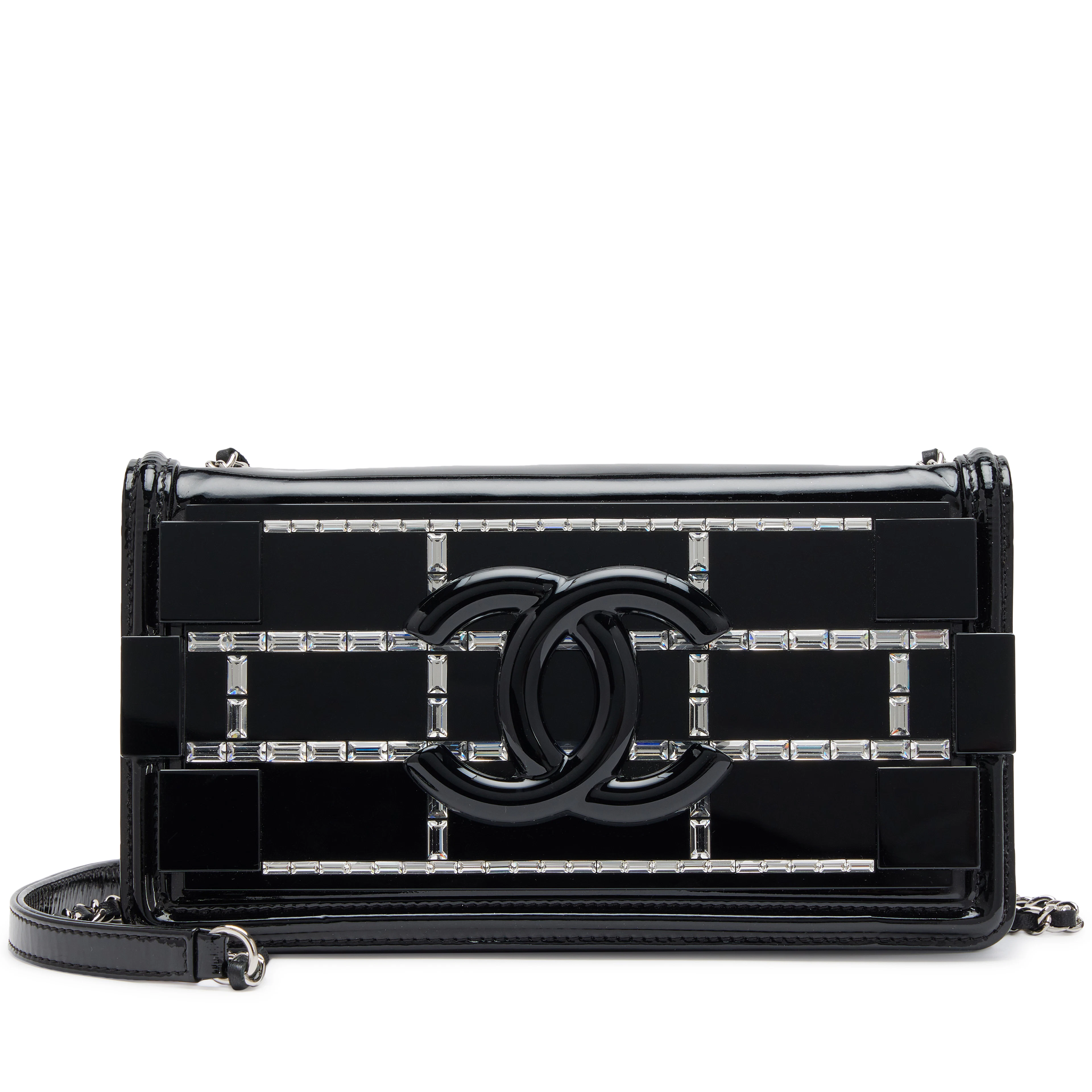 Black Plexiglass Crystal Lego Brick Patent Leather Flap Bag Silver
