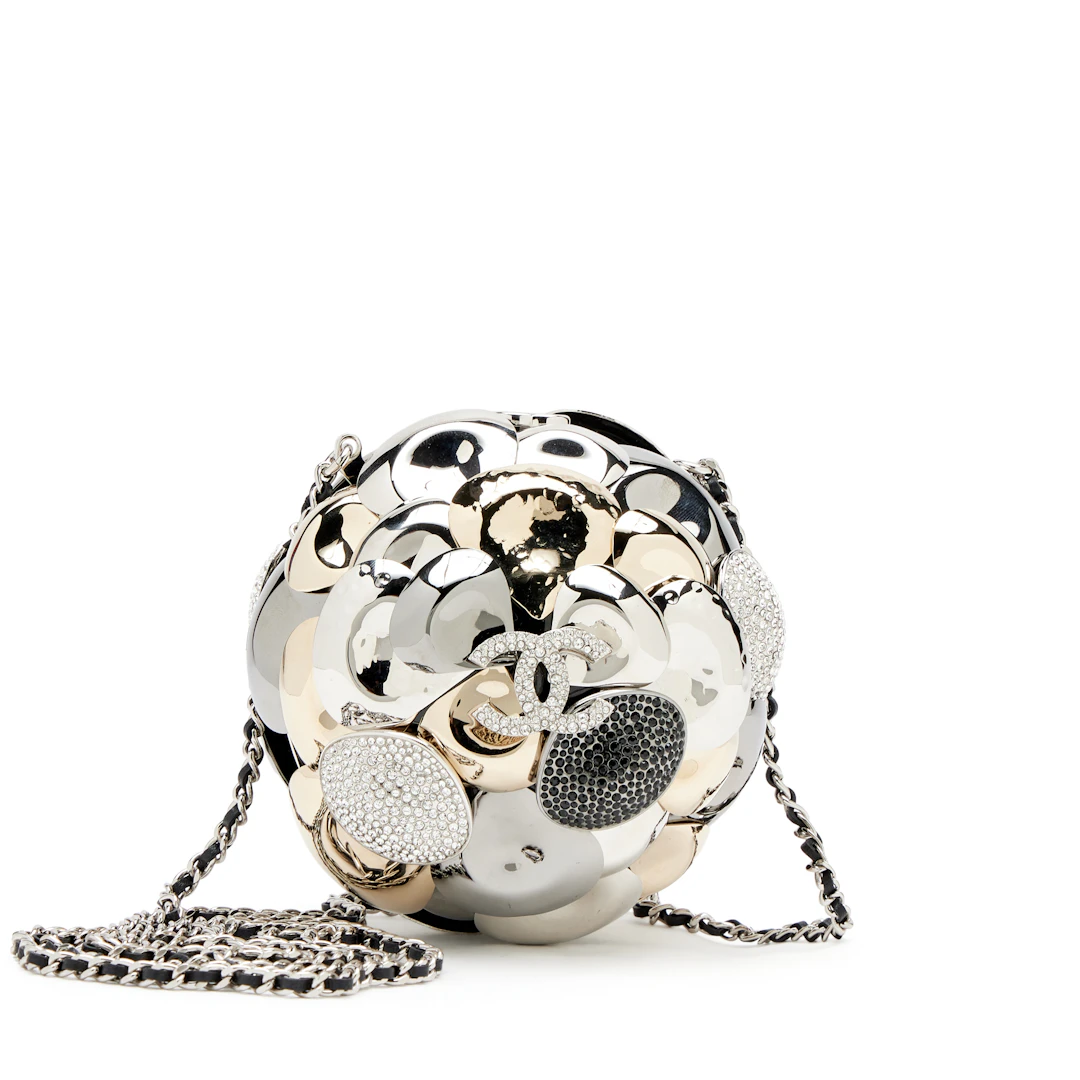 Silver and Gold Metal, Clear and Black Strass Crystal CC Camellia