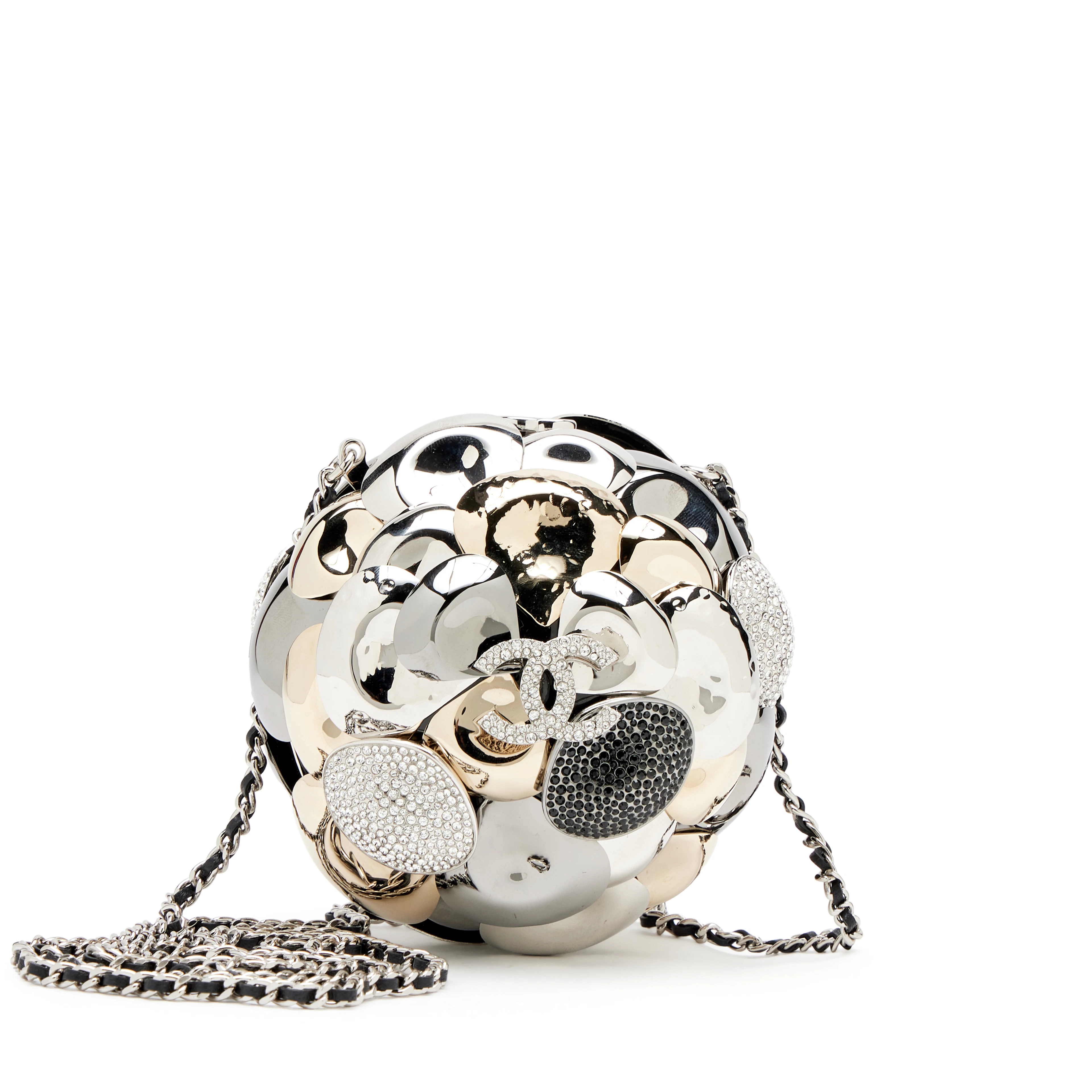 Silver and Gold Metal, Clear and Black Strass Crystal CC Camellia