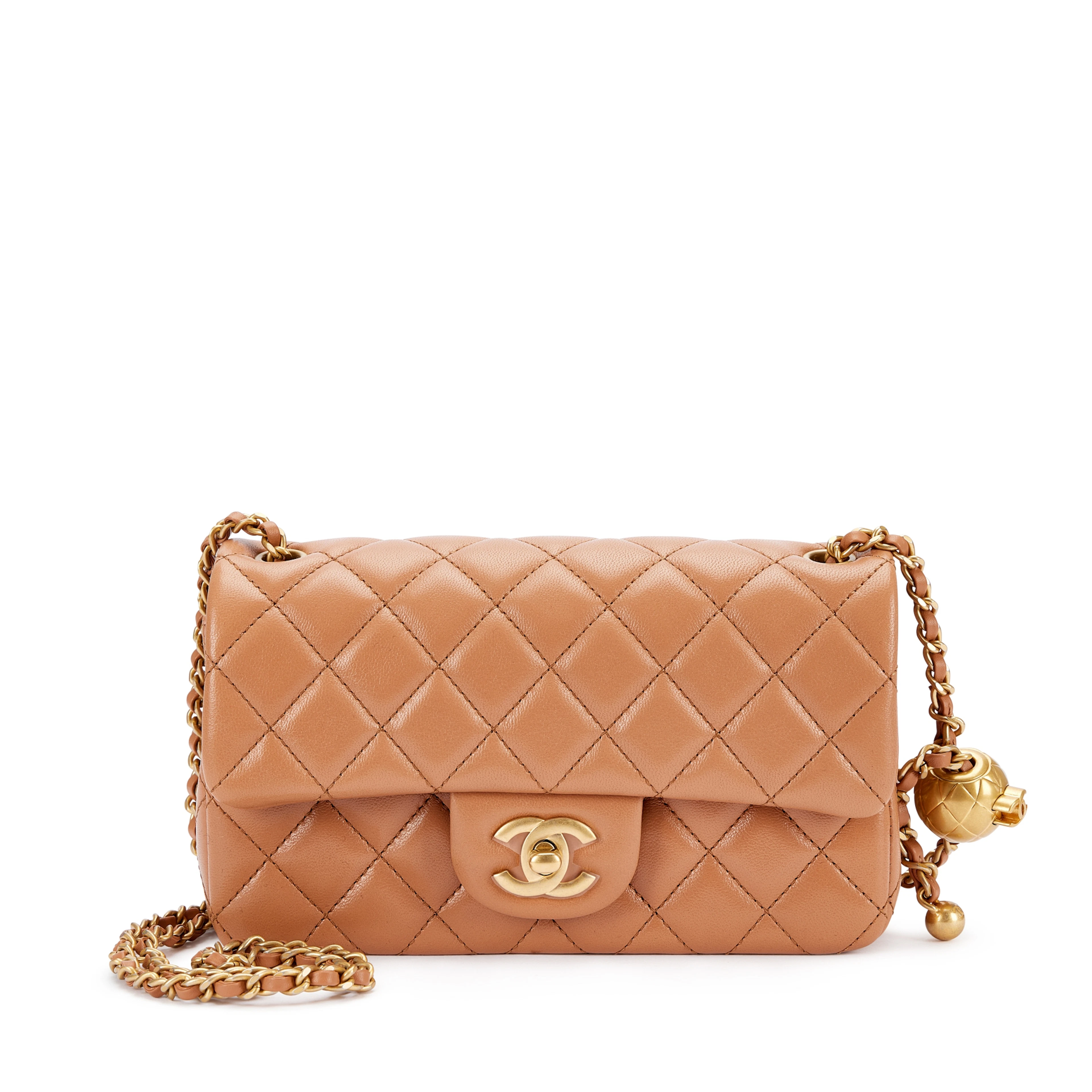 Caramel Brown Quilted Lambskin Mini Pearl Crush Flap Bag Aged Gold Hardware