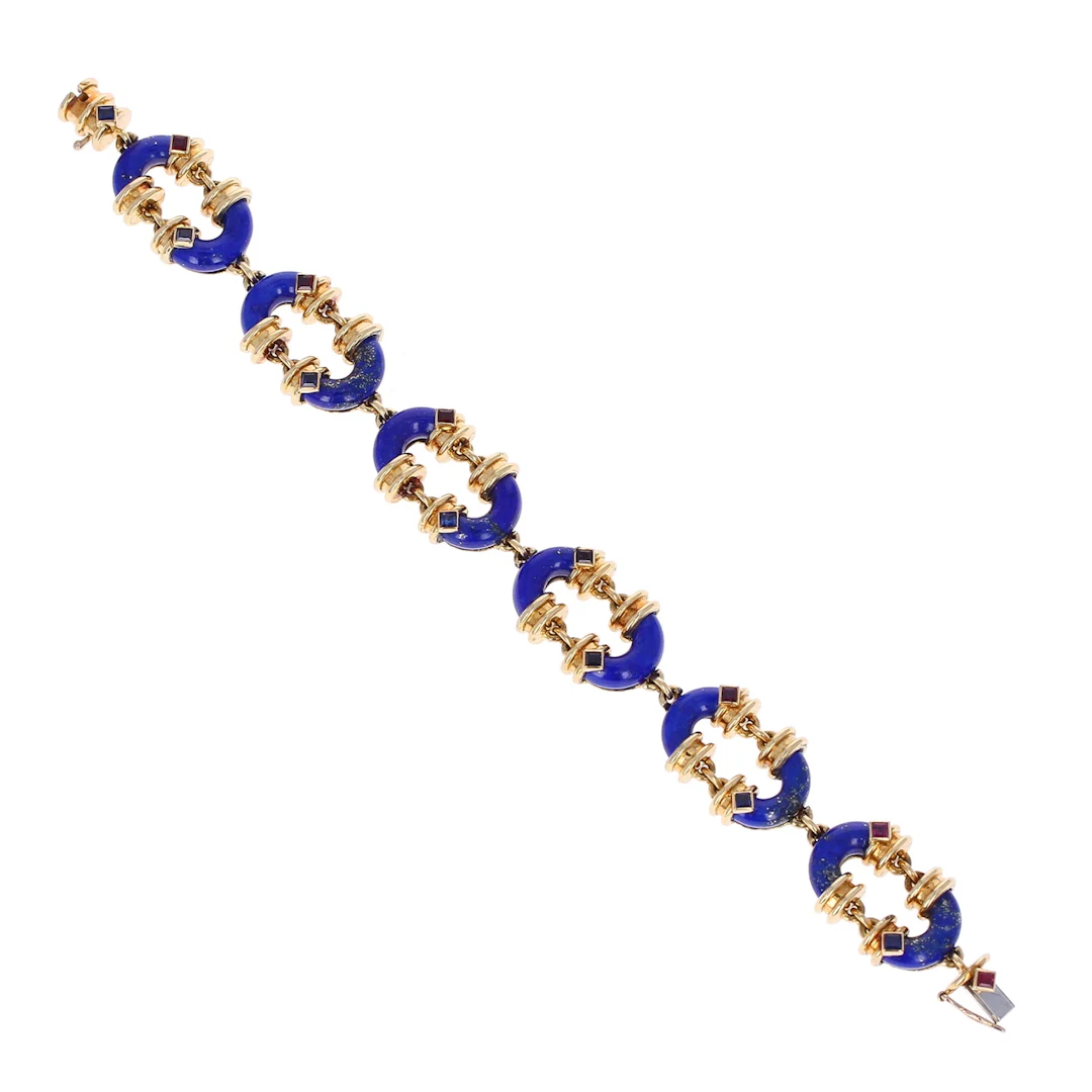 Vintage Gold, Lapis Lazuli, Ruby and Sapphire Link Bracelet