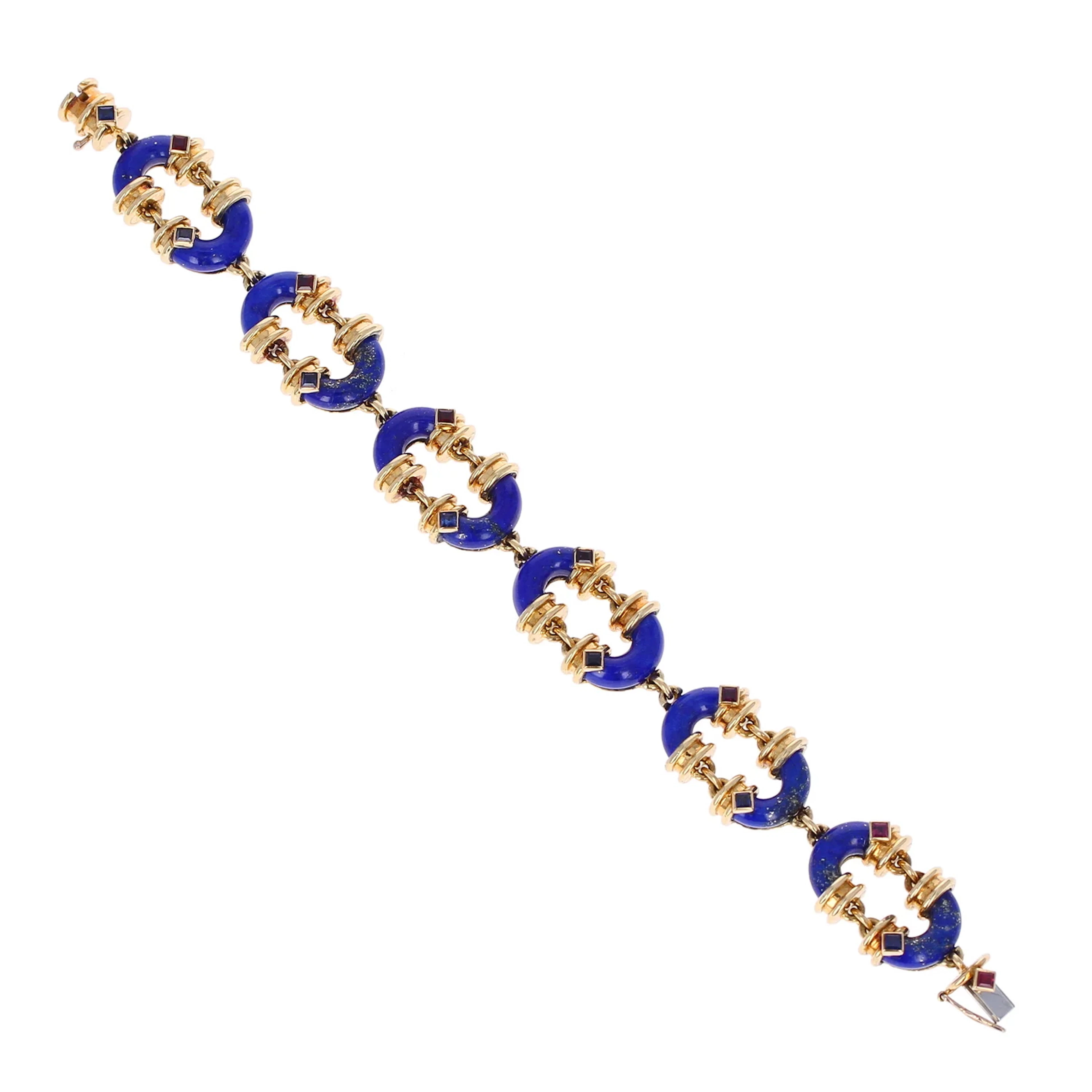 Vintage Gold, Lapis Lazuli, Ruby and Sapphire Link Bracelet