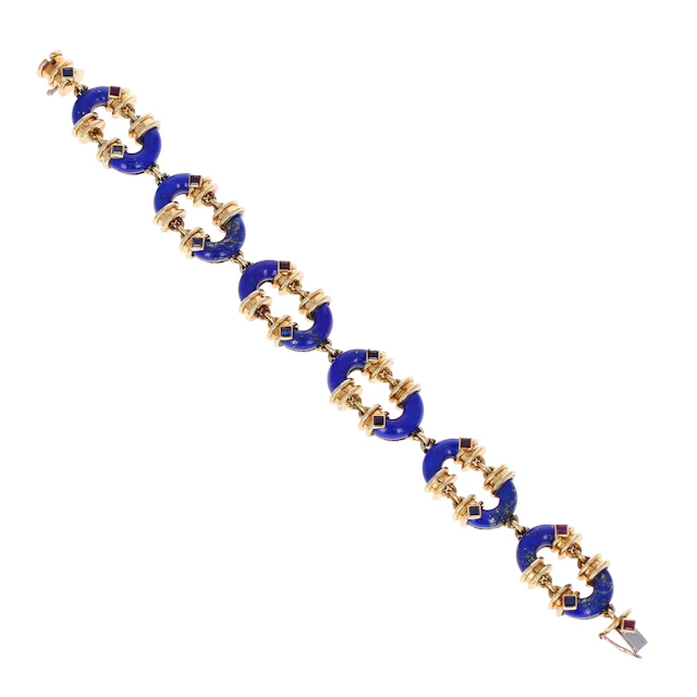 Vintage Gold, Lapis Lazuli, Ruby and Sapphire Link Bracelet
