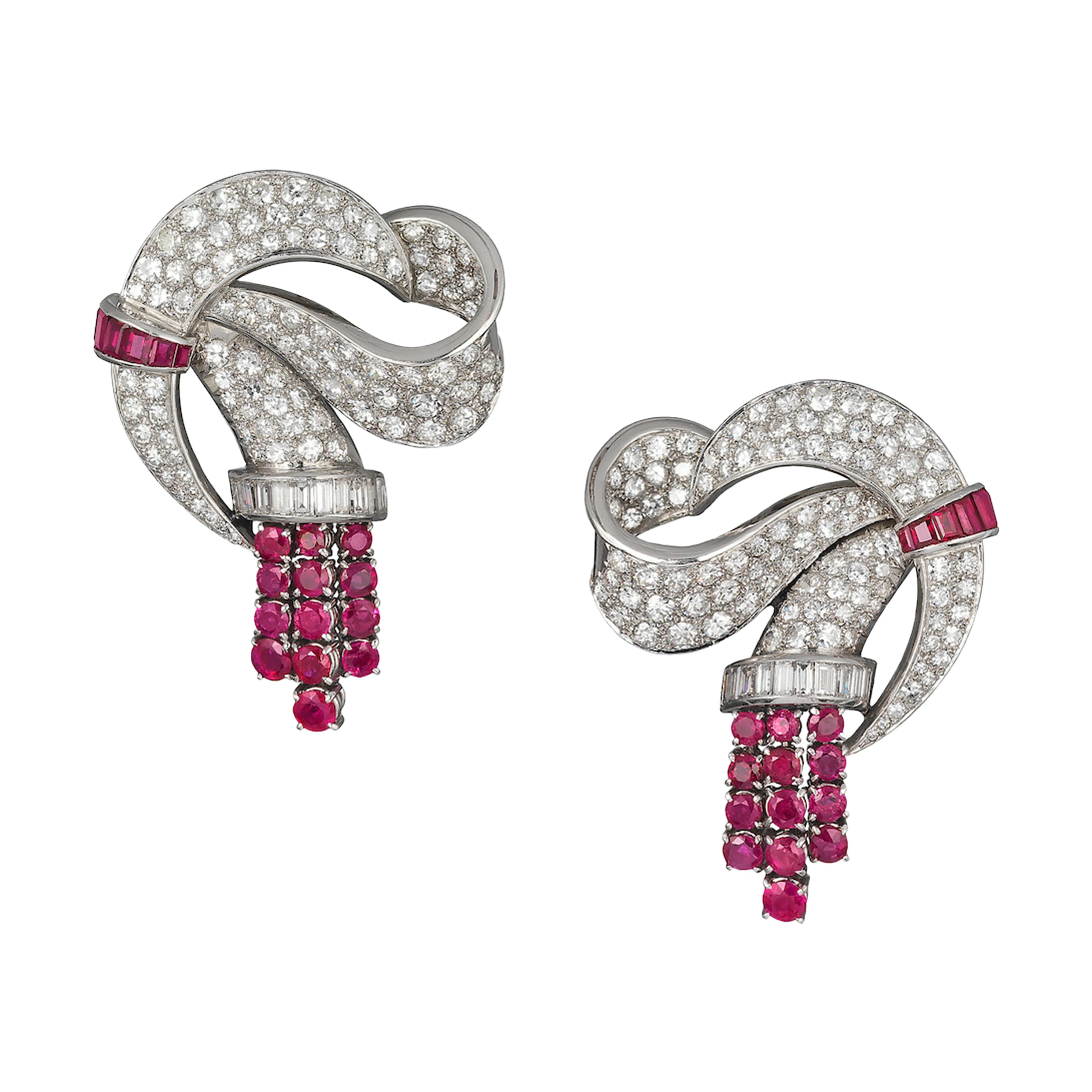 Platinum, White Gold, Burmese Ruby and Diamond Convertible Double