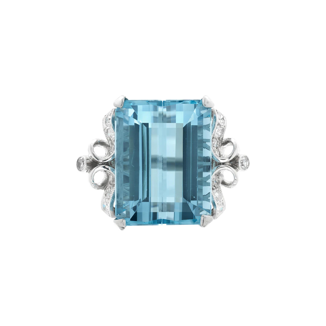 Vintage Palladium, 19.14ct Aquamarine and Diamond Ring