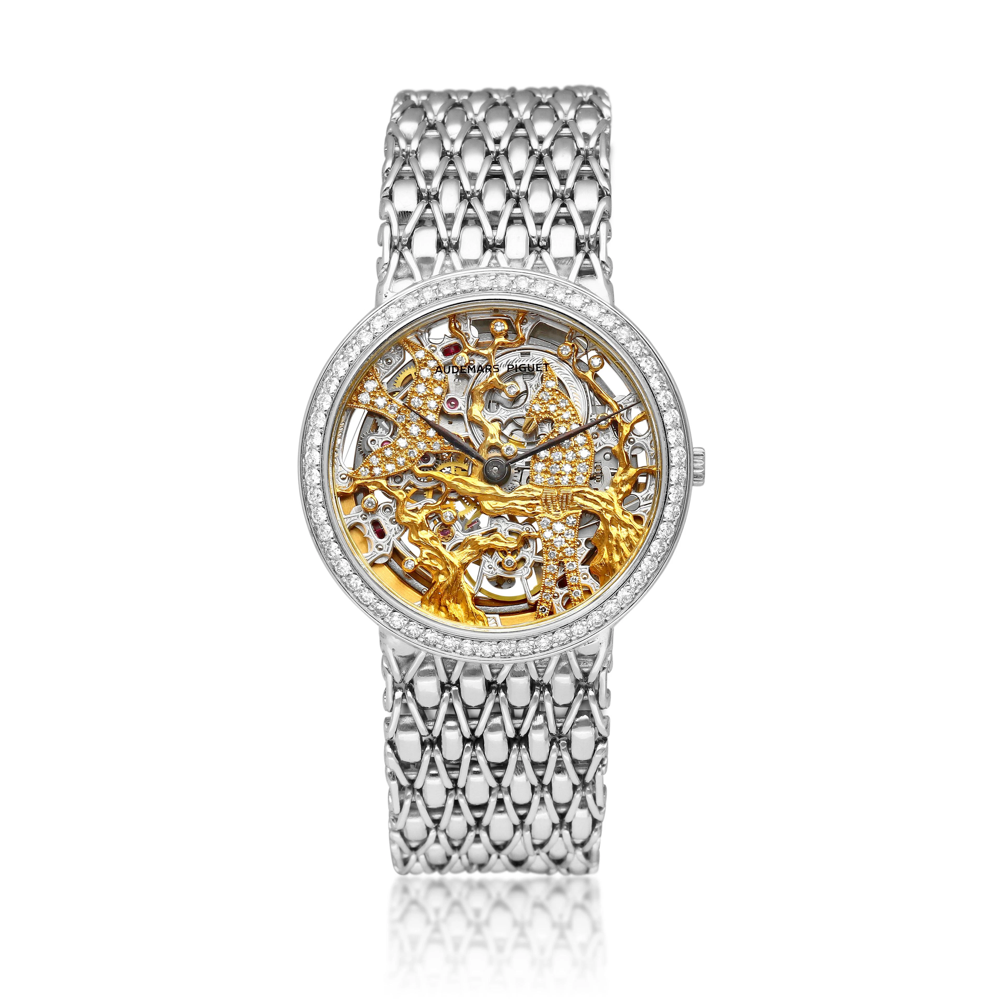 Audemars Piguet. A white gold and diamond-set skeletonized automatic