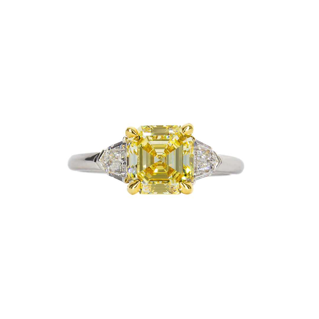 Platinum, 1.94ct Asscher Cut Fancy Yellow Diamond and Diamond Engagement Ring
