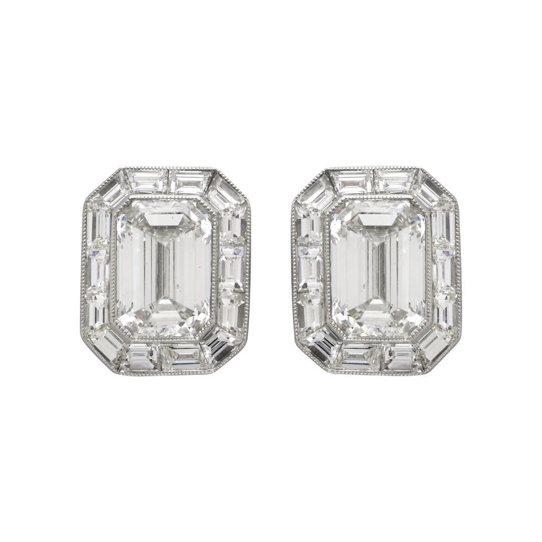 Platinum, 3.07ctw Emerald Cut Diamond and Diamond Stud Earrings
