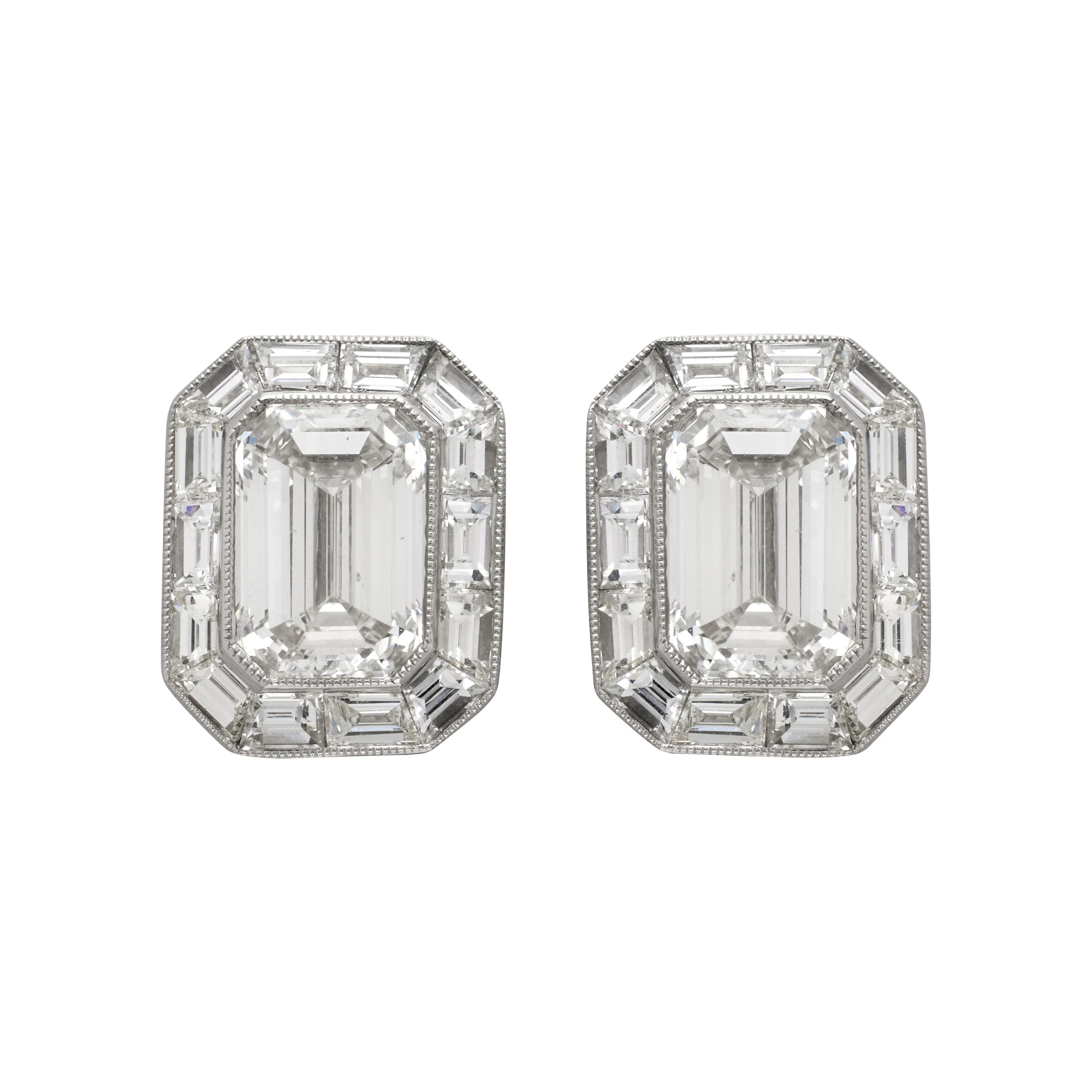 Platinum, 3.07ctw Emerald Cut Diamond and Diamond Stud Earrings