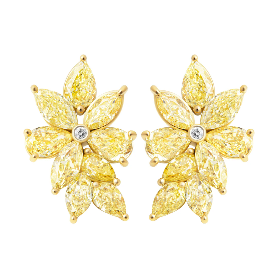 Gold, Yellow Diamond and Diamond Cluster Earrings