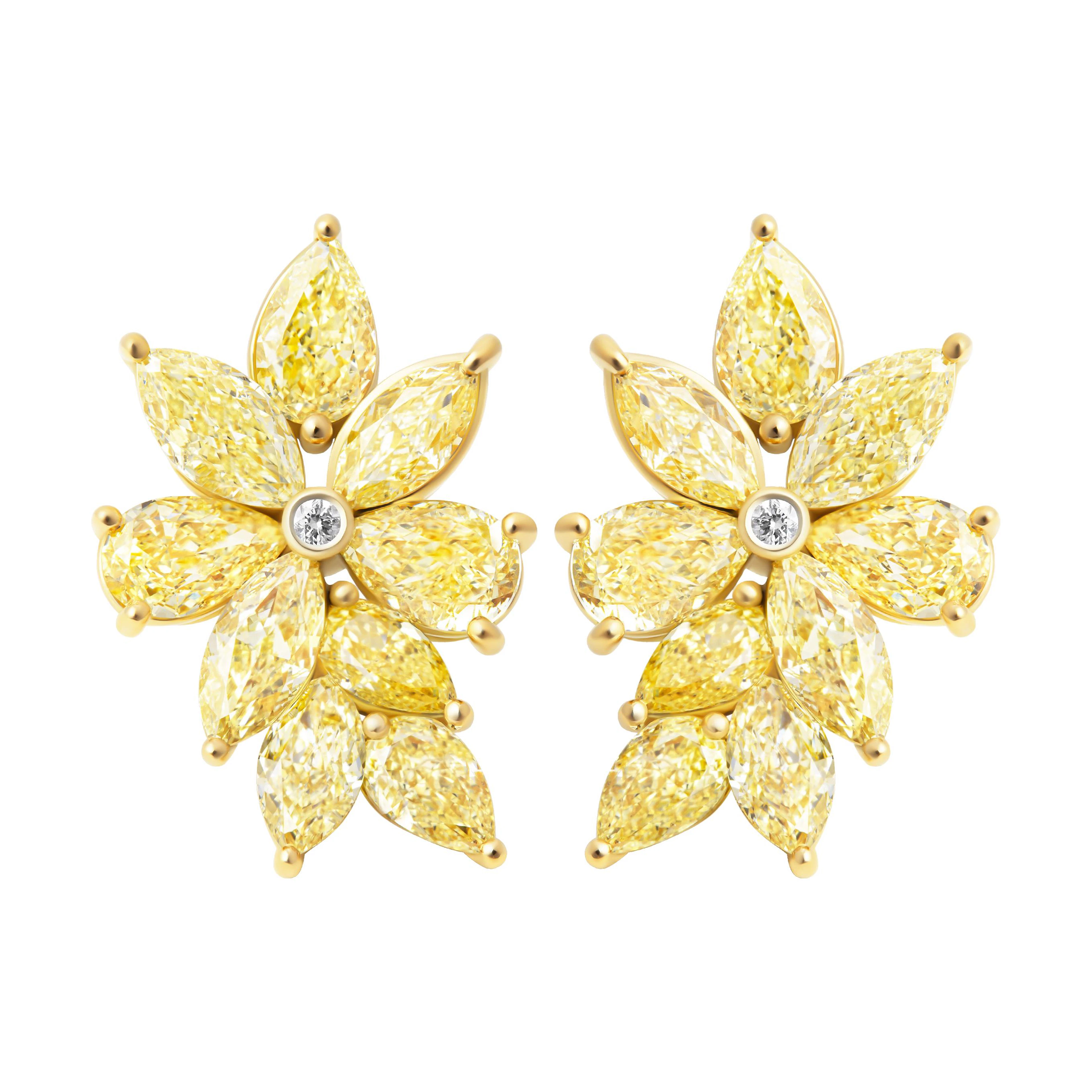 Gold, Yellow Diamond and Diamond Cluster Earrings