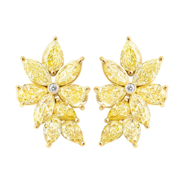 Gold, Yellow Diamond and Diamond Cluster Earrings