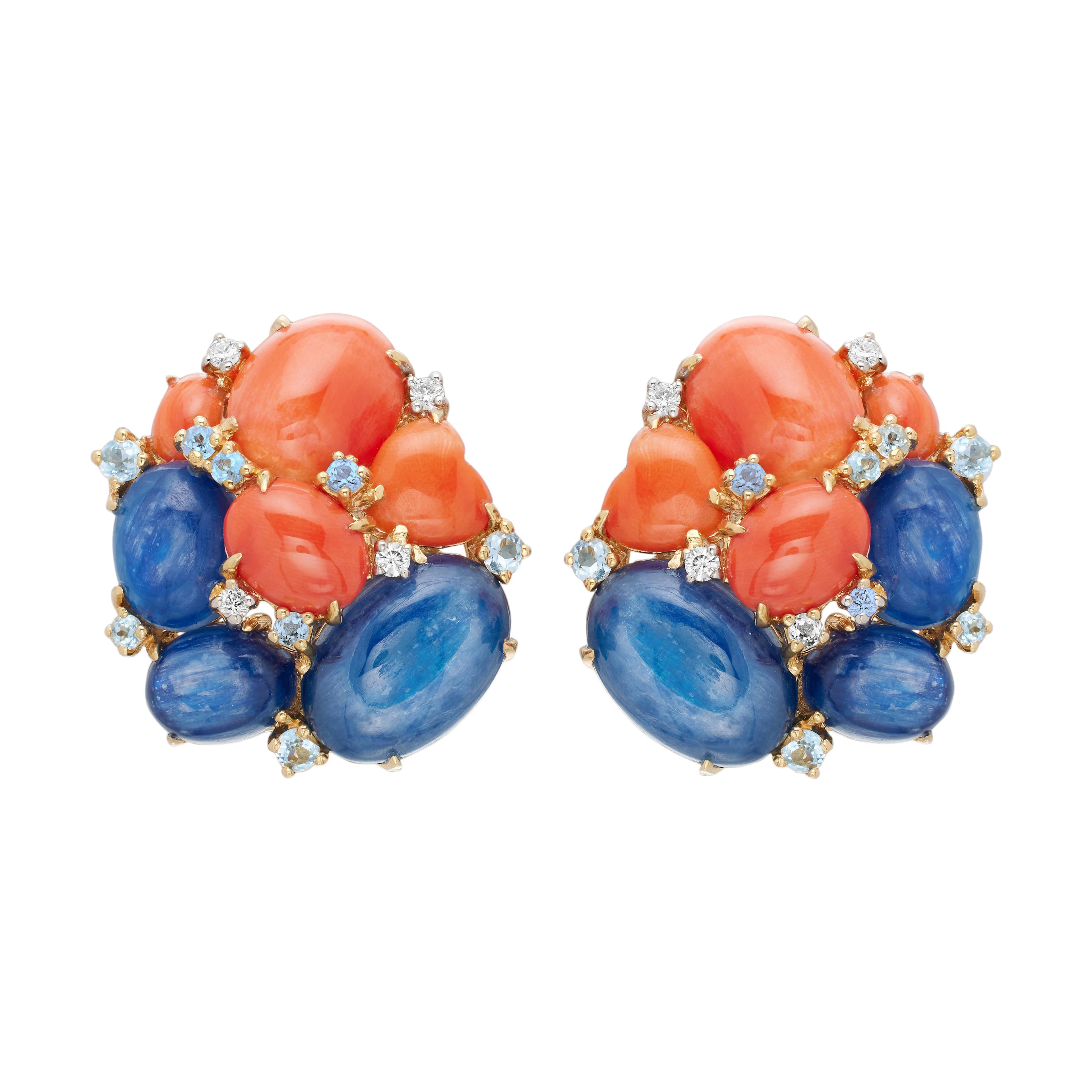 Gold, Kyanite, Coral, Topaz and Diamond Earclips