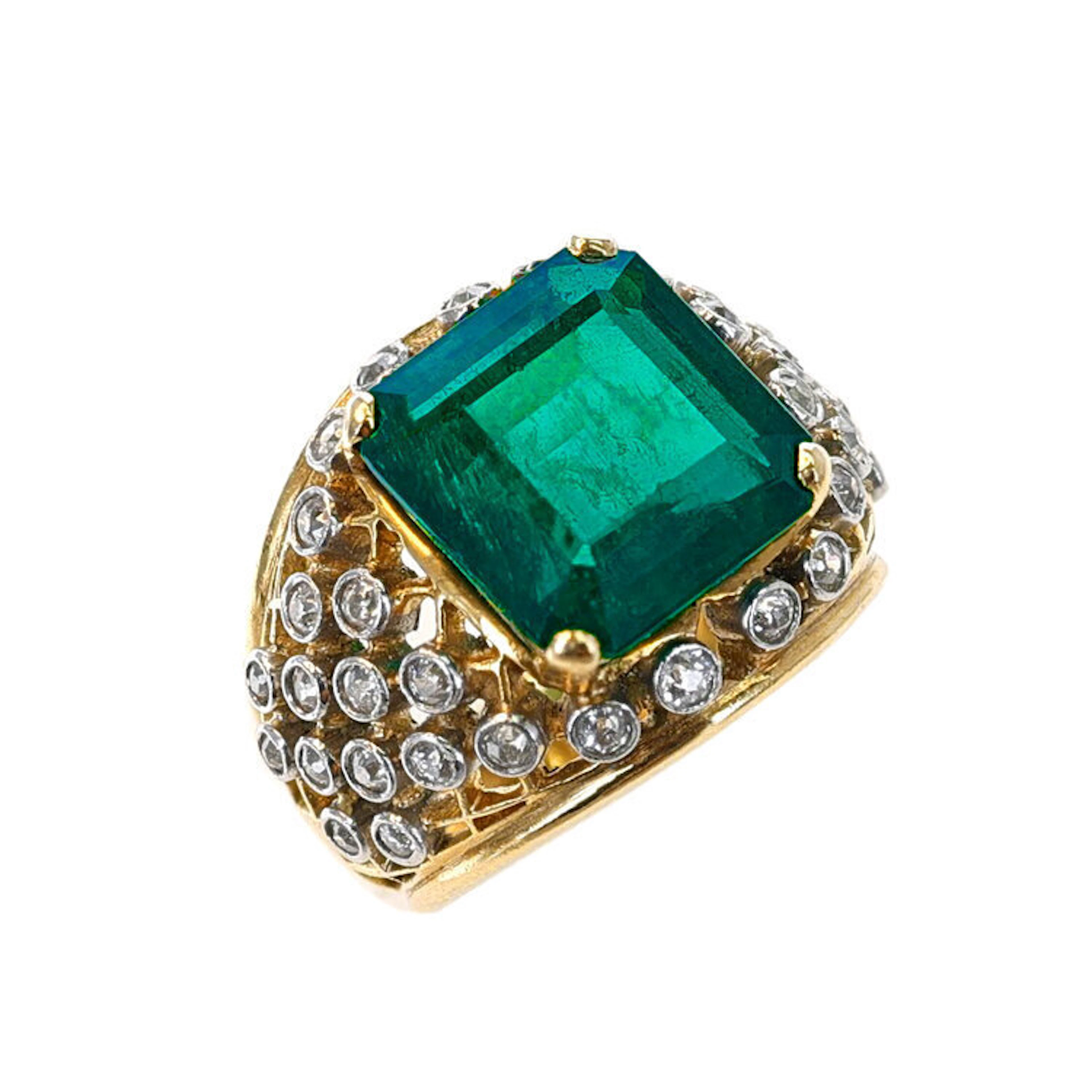 Vintage Gold, 6.11ct Colombian Emerald and Diamond Ring