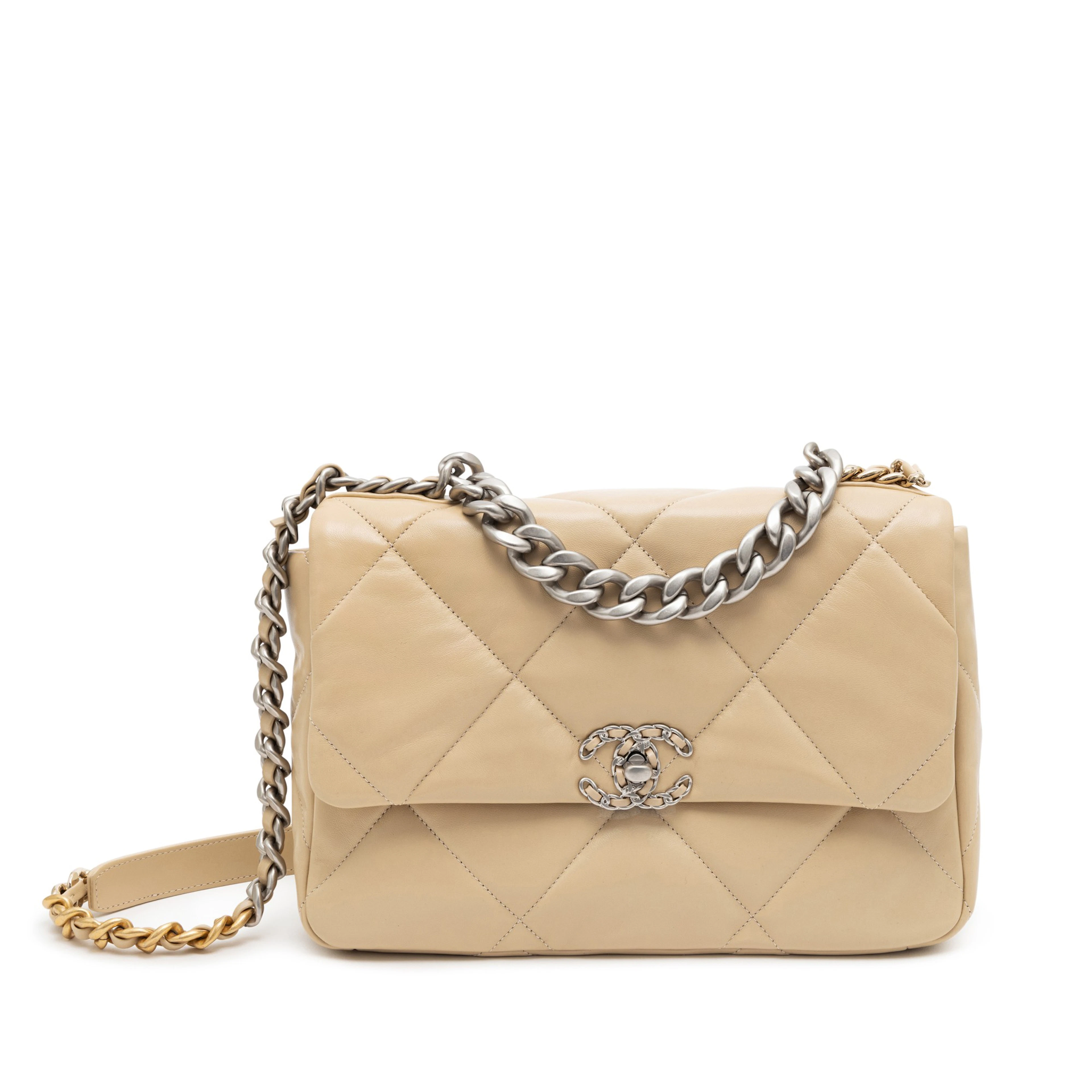 Beige Quilted Lambskin Large 19 Flap Bag Silver Hardware, 2022