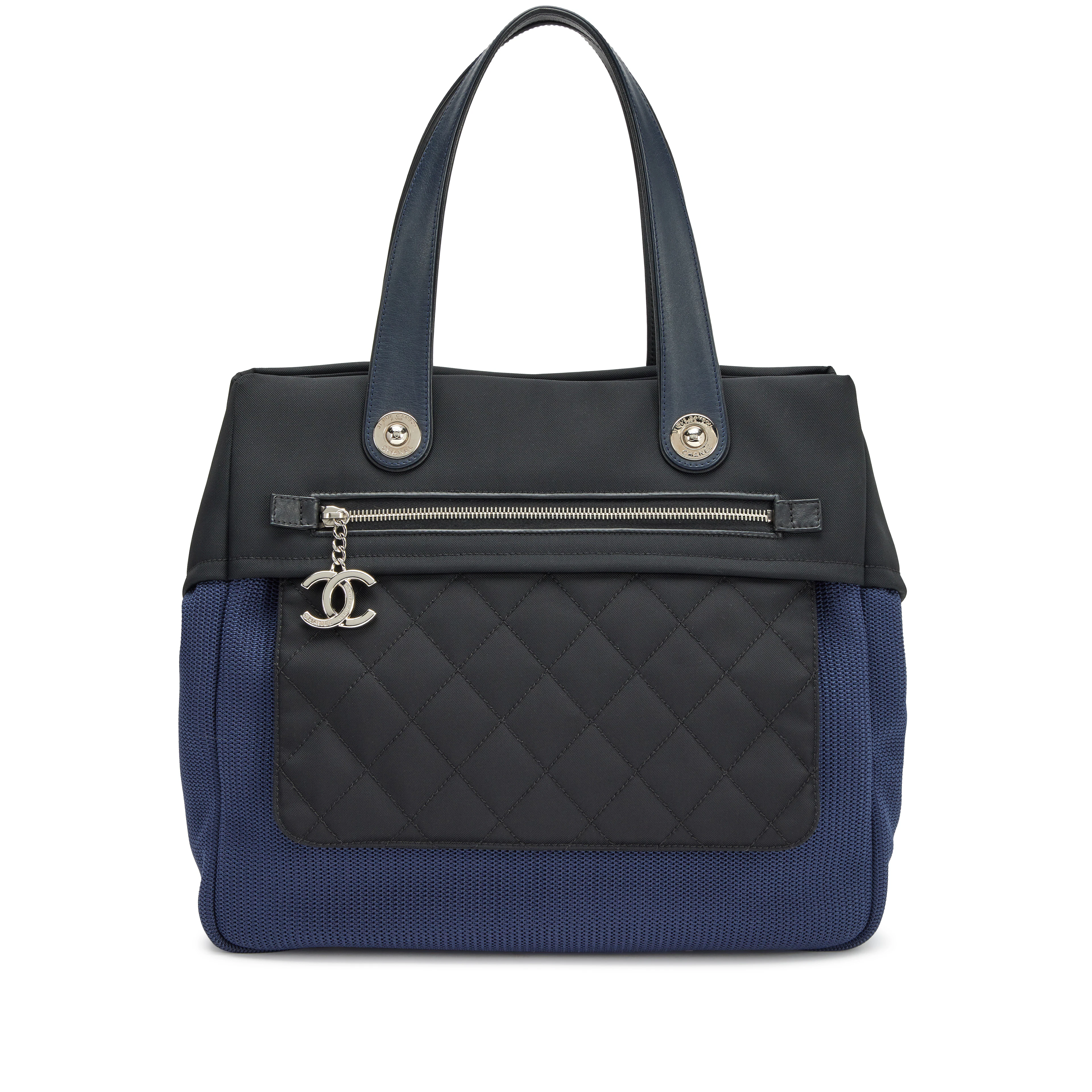 Navy Blue and Black Quilted Rue Cambon Shopping Tote Silver Hardware, 2013-2014
