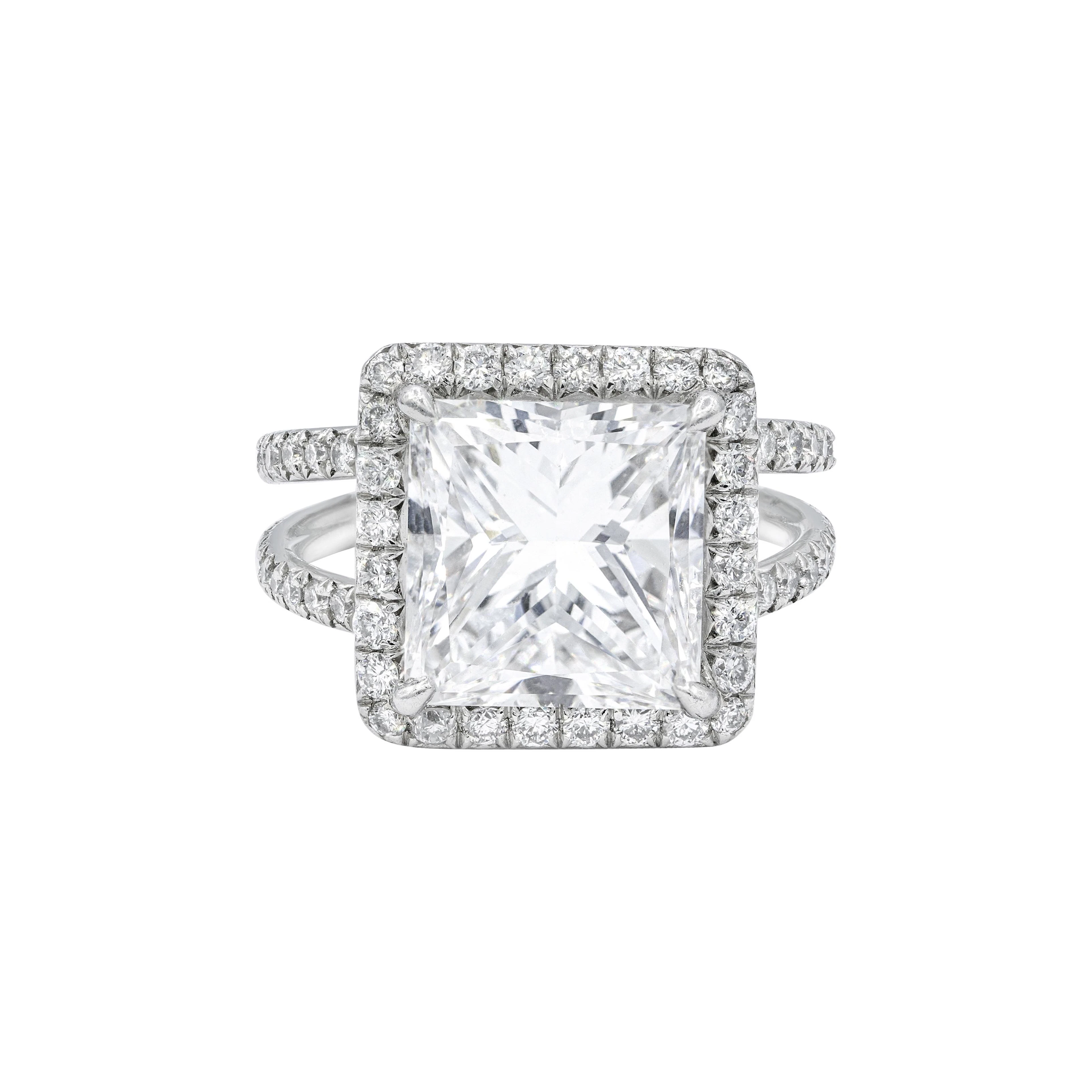 Platinum, 5.09ct Princess Cut Diamond and Diamond Engagement Ring