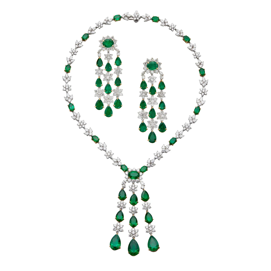 Platinum, Gold, 59.28ctw Zambian Emerald and Diamond Earring and Necklace Set