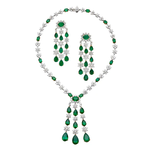 Platinum, Gold, 59.28ctw Zambian Emerald and Diamond Earring and Necklace Set