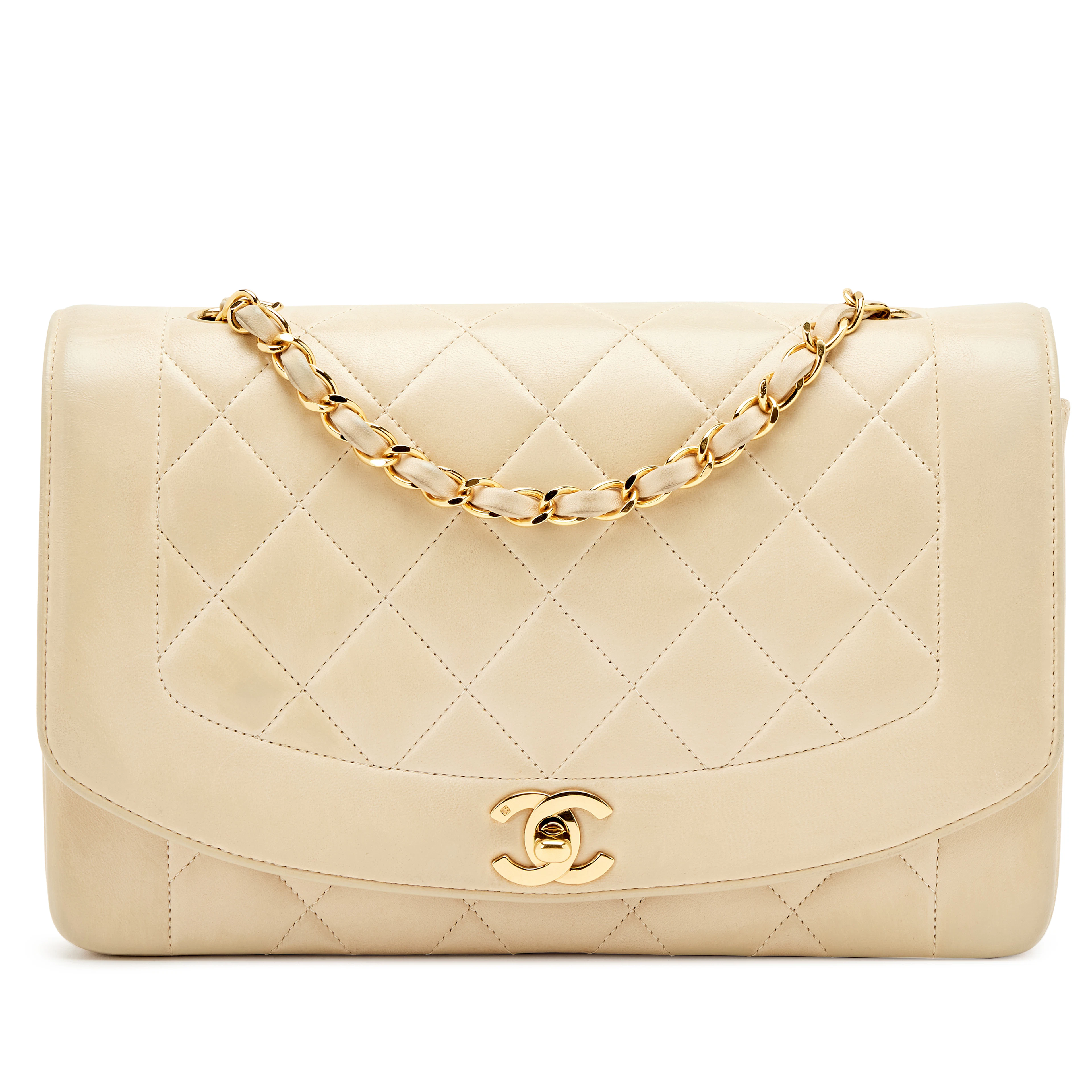 Vintage Light Beige Quilted Lambskin Medium Diana Flap Bag Gold Hardware