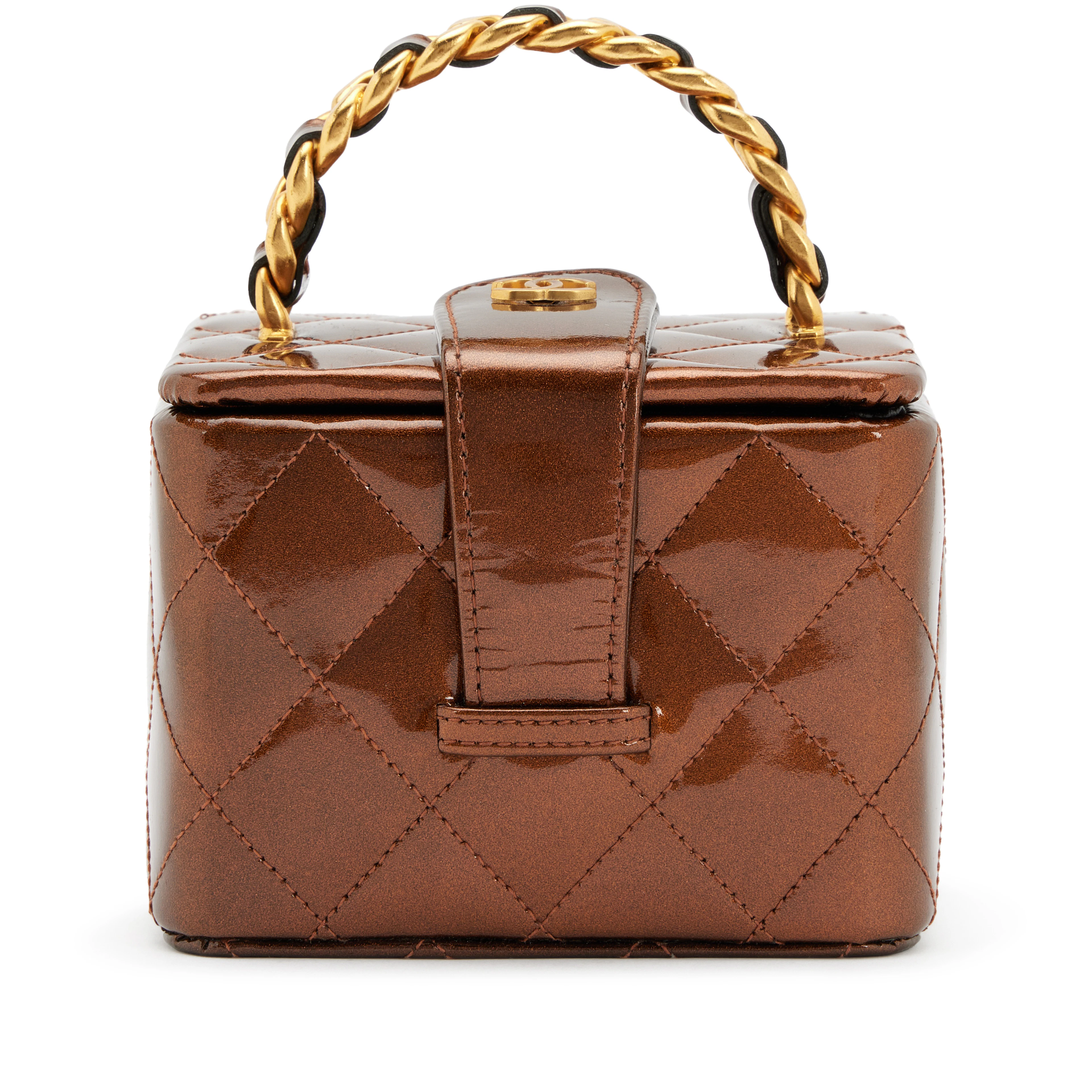 Metallic Bronze Quilted Patent Mini Square Vanity Case Bag Antique