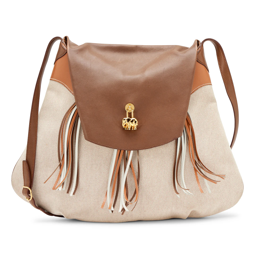 Vintage Gold Havane Box Calf Toile H Canvas Sac Symbiose Sumo Fringe