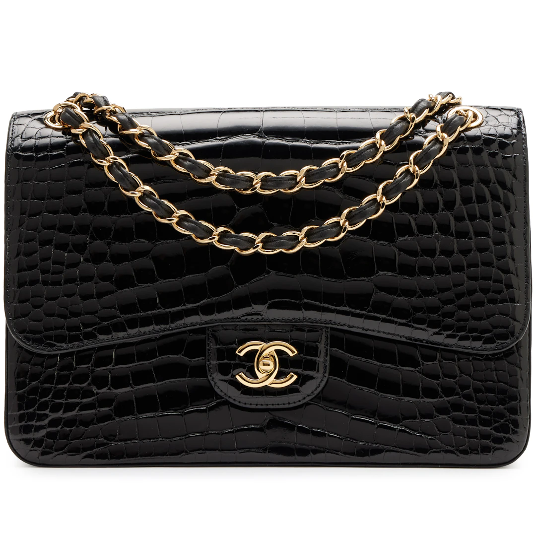 Black Alligator Jumbo Classic Double Flap Bag Gold Hardware, 2018-2019