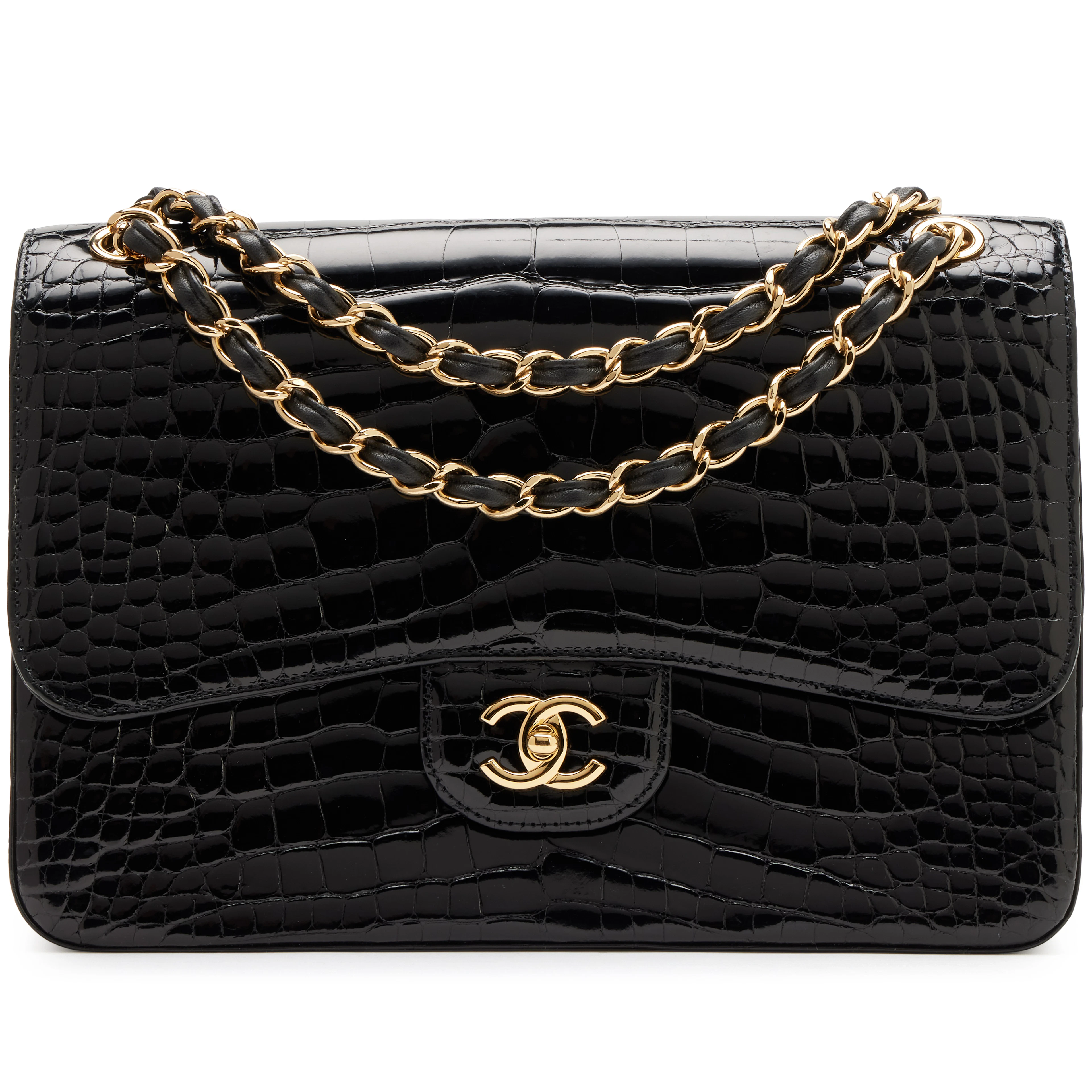 Black Alligator Jumbo Classic Double Flap Bag Gold Hardware, 2018-2019