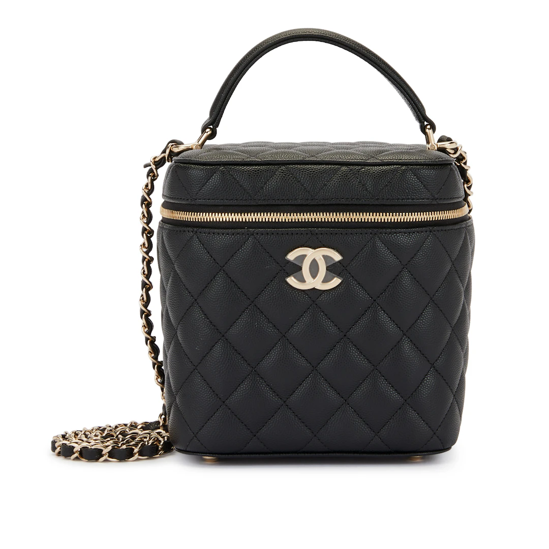 Black Quilted Grained Calfskin Small Vanity Case Gold Hardware, 2021