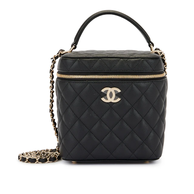 Black Quilted Grained Calfskin Small Vanity Case Gold Hardware, 2021