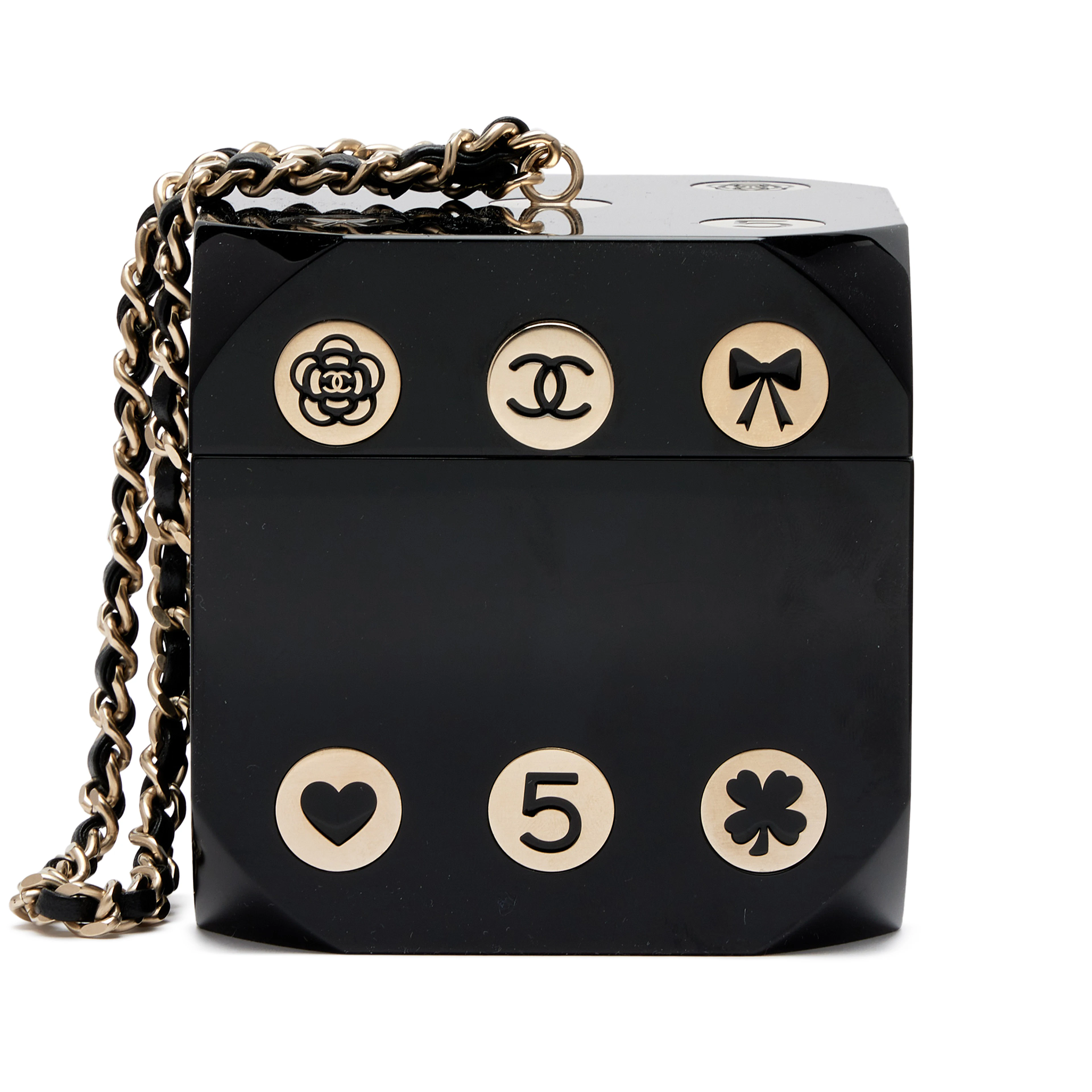 Black Plexiglass Casino Dice Minaudière Bag Brushed Light Gold Hardware, 2016