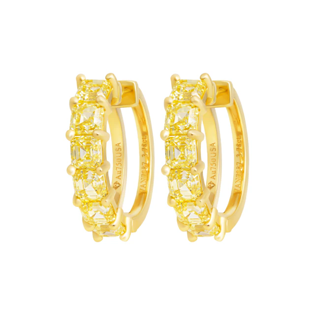 Gold and 3.78ctw Asscher Cut Yellow Diamond Hoop Earrings