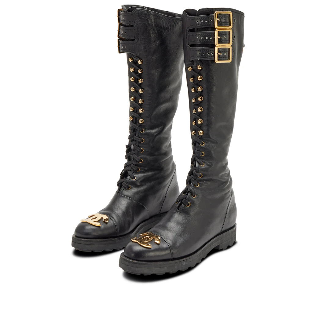 Vintage Black Leather Moto Lace-Up Tall Combat Boots with Gold-Plated