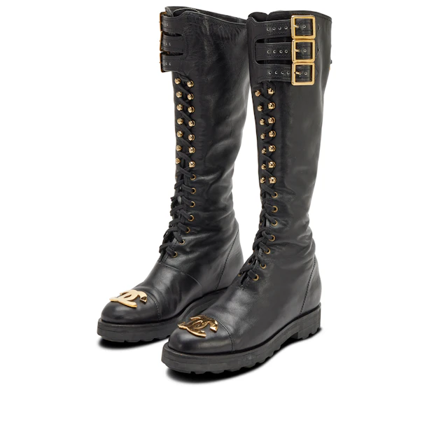 Vintage Black Leather Moto Lace-Up Tall Combat Boots with Gold-Plated