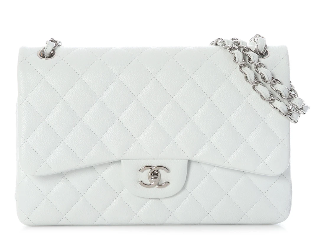 White Quilted Caviar Jumbo Classic Double Flap Bag Silver Hardware, 2014